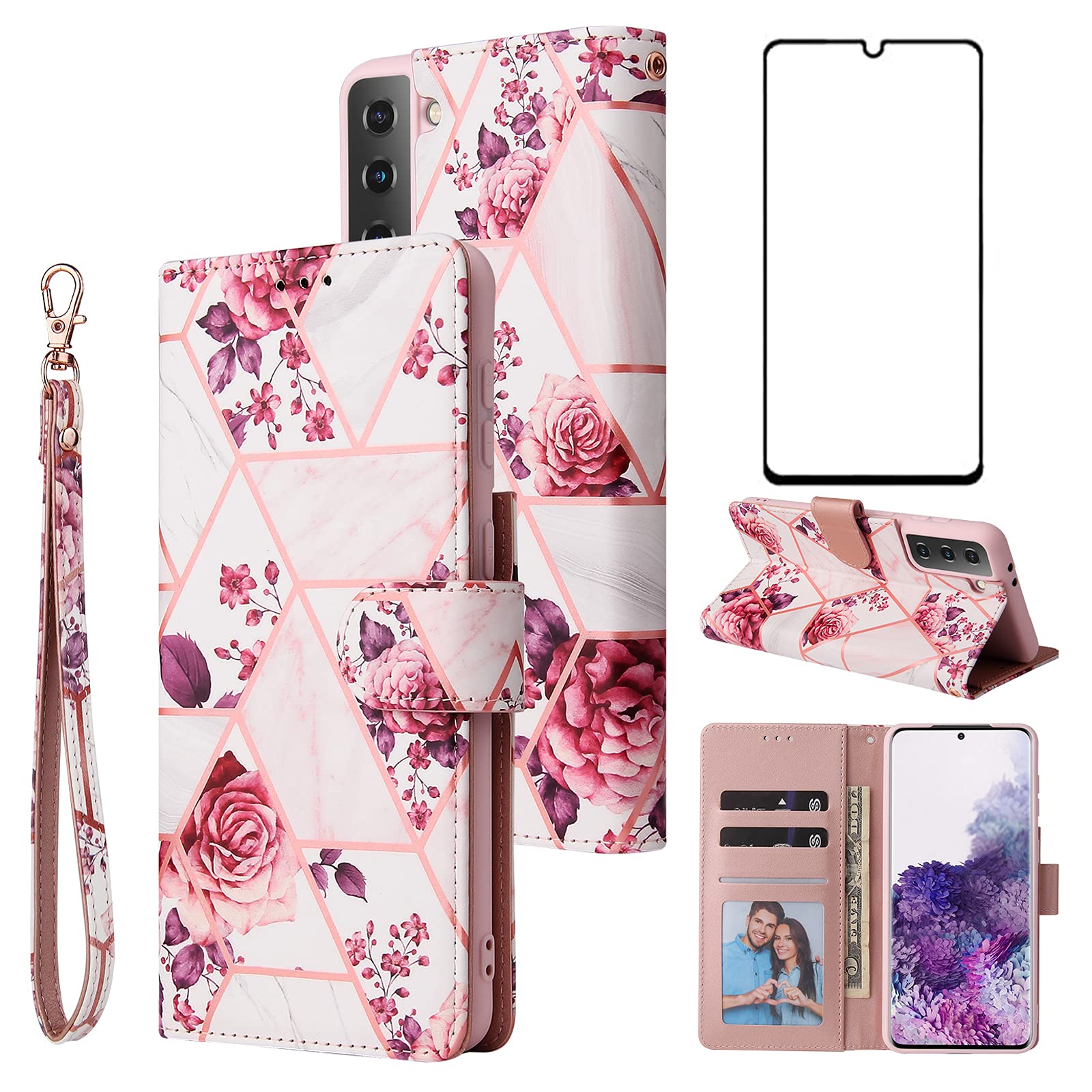 Asuwish Compatible with Samsung Galaxy S21 Plus Glaxay S21+ 5G Wallet Case and Tempered Glass Screen Protector Flip Card Holder Stand Cell Phone Cases