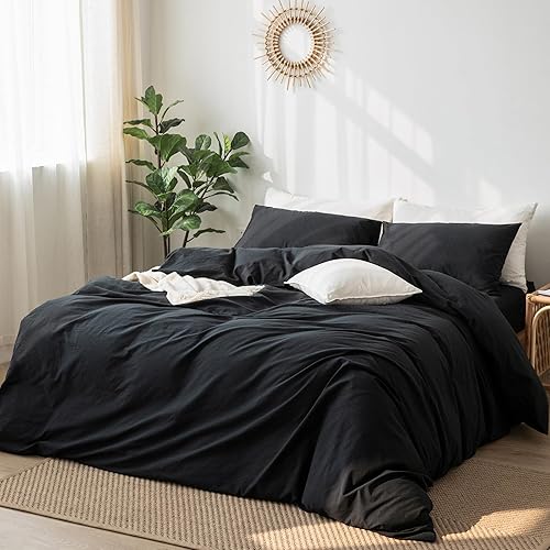 Miniatura 5 de MooMee Juego de funda de edredón 100% algodón lavado con textura parecida al lino transpirable duradero suave cómodo (negro, individual)