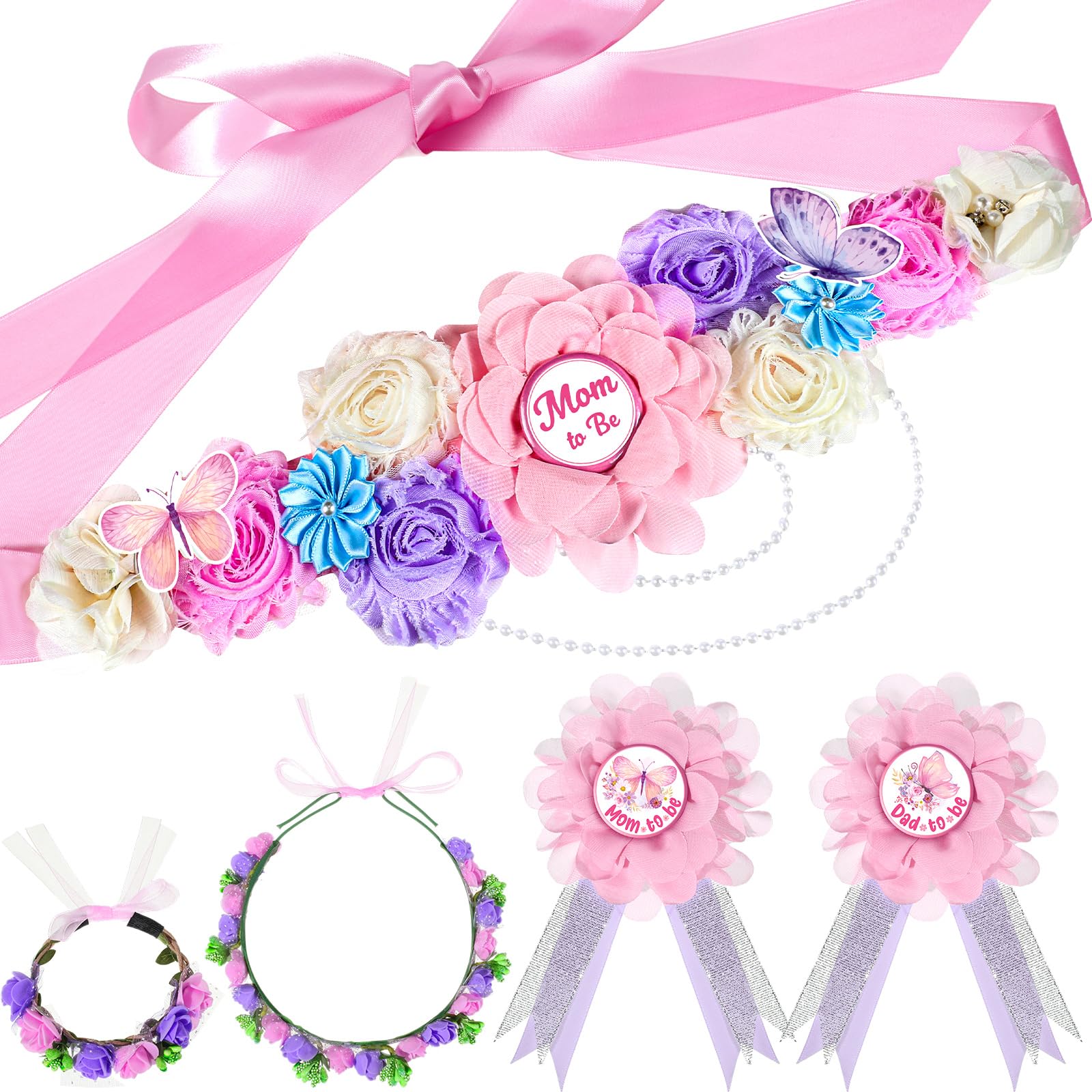 Riceshoot Butterfly Theme Maternity Flower Sash and Corsage Set Pink Purple Baby Shower Decorations Mom to Be Dad