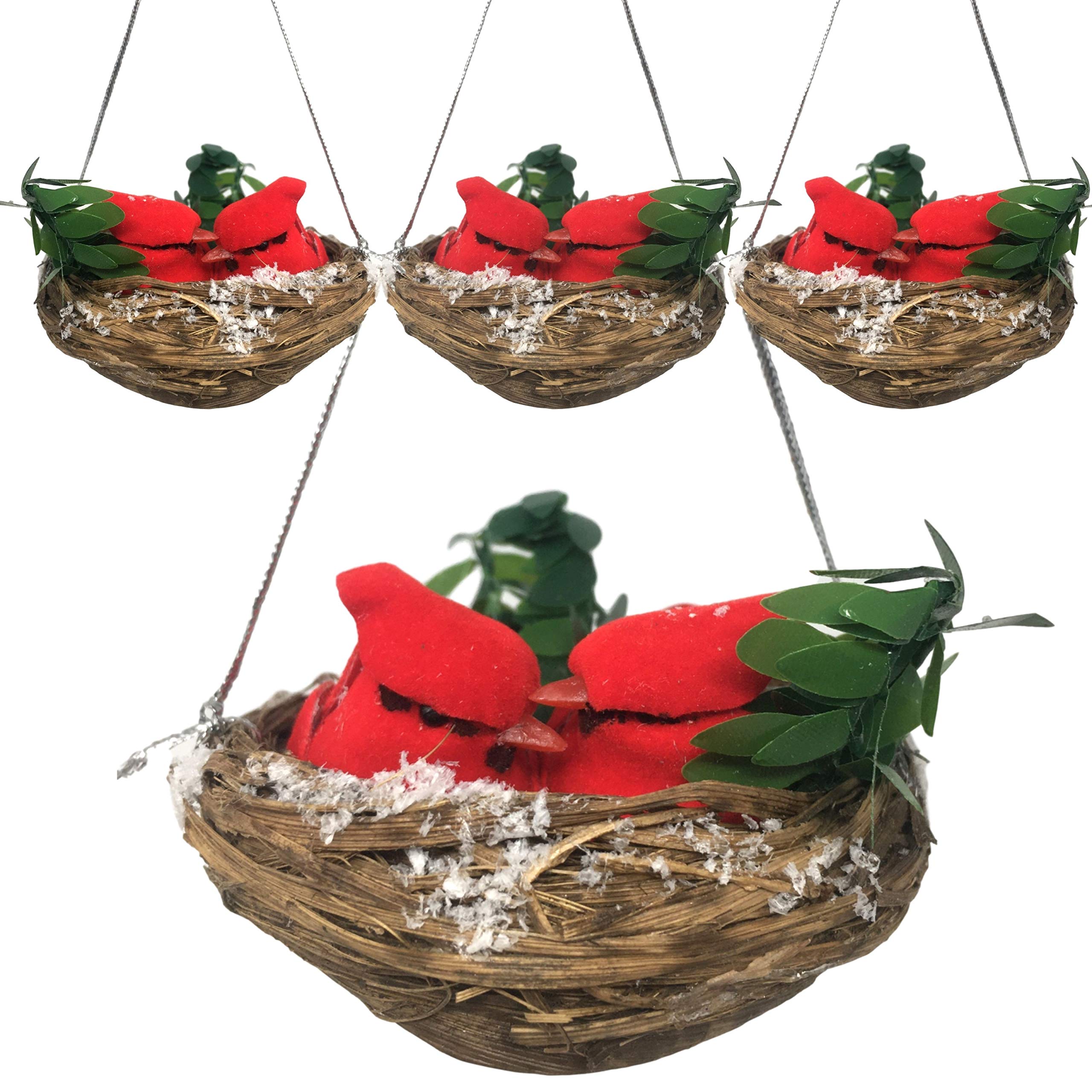 BANBERRY DESIGNSRed Cardinal Nest Christmas Ornaments - Set of 4 Nests with Two Small Cardinal Birds Inside - Brown Nest with Greenery and Snow Detail - Approx. 3 Inches