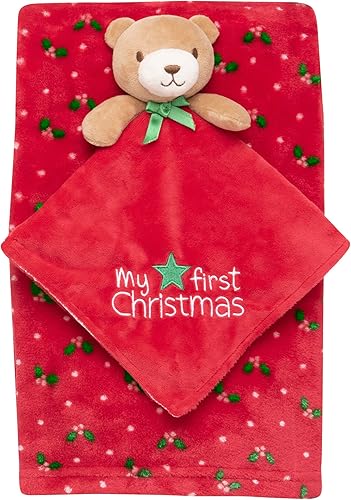 Juego de regalo de 2 piezas de peluche y manta para bebé, mi primer bordado de Navidad (oso rojo, 30 x 34 pulgadas)