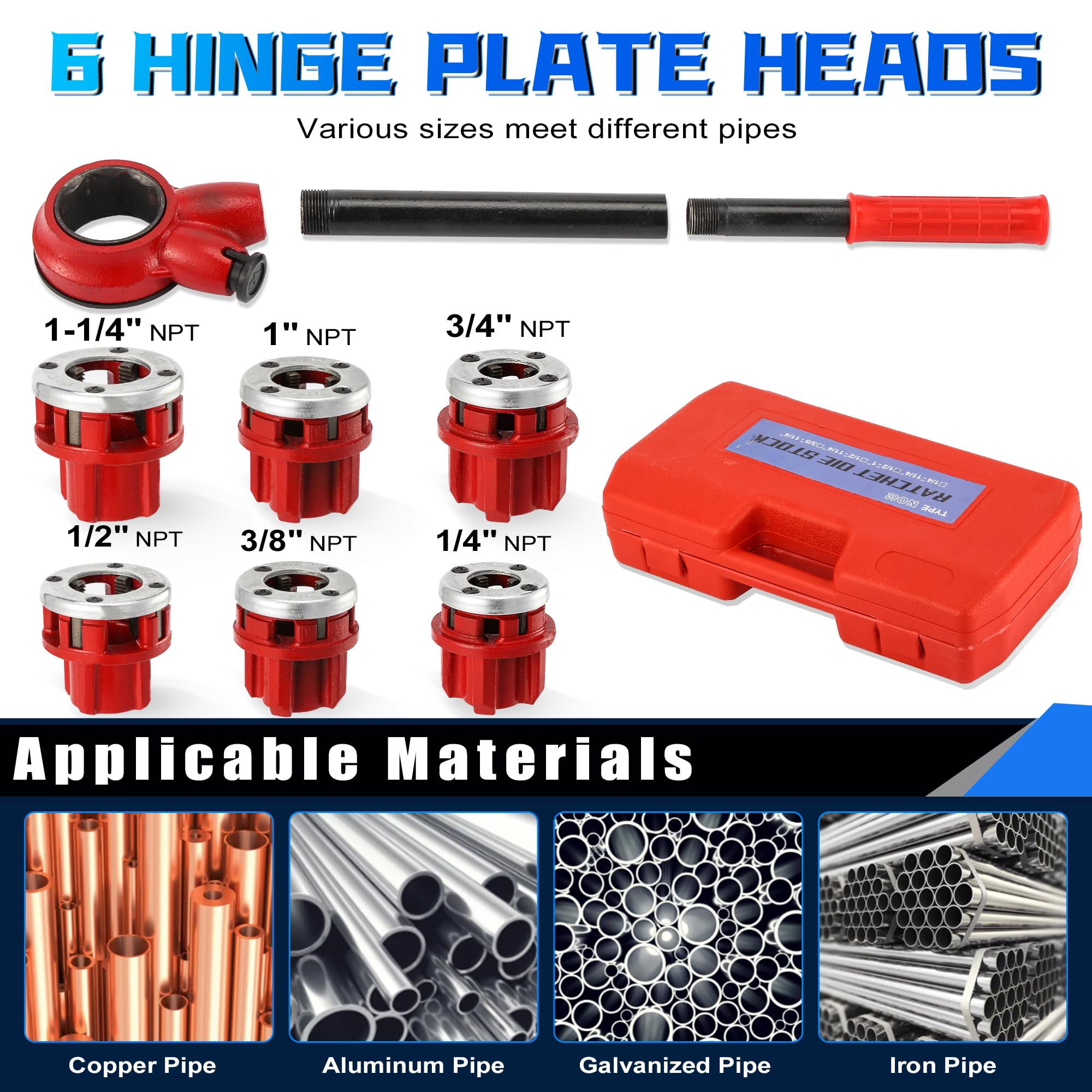 Kit de trinquete para enhebrador de tuberías, juego de herramientas de enhebrado manual de tuberías con 6 troqueles NPT (0.25 pulgadas, 1 pulgada, 0.5 pulgadas, 0.75 pulgadas, 1 pulgada, 1-0.25