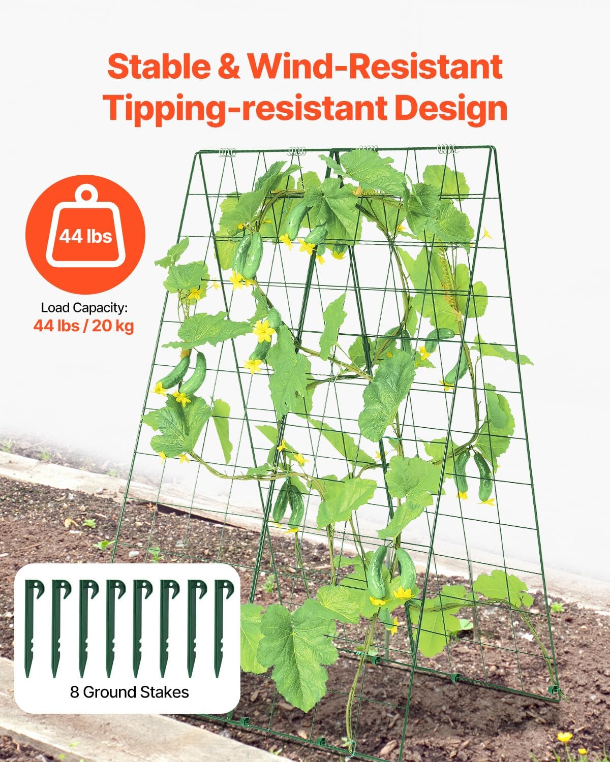 VEVOR Cucumber Trellis for Climbing Plants,46" H x 32" W Foldable Cucumber Trellis Set with Plant Clips, Metal Garden Trellis for Raised Bed, Outdoor Plant Grow Support for Tomato, Vegetable(2 Pack)