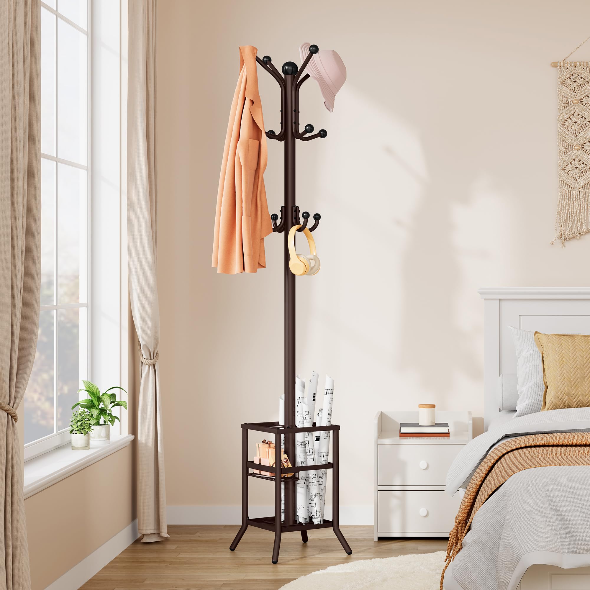 FAVOOSTY Perchero de Pie con Paragüero, Perchero con 12 Ganchos, Sala de Estar 185 cm de Alto, Perchero de Pie, para Salón, Dormitorio
