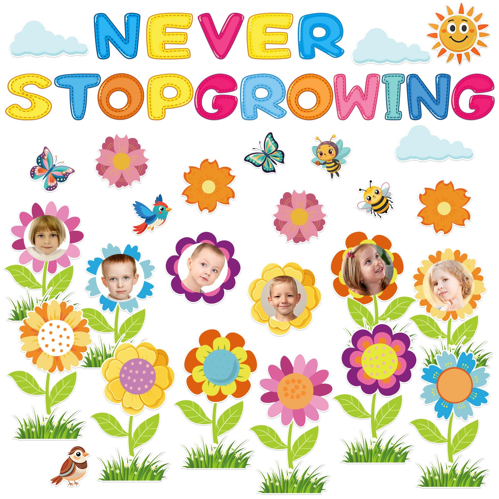 96pcs Spring Flower Bulletin Board Decorations Set Never Stop Growing Classroom Decorations Colorful Flower Cutouts DIY Photo Craft for Office Chalkboard Decor Back to School Supplies