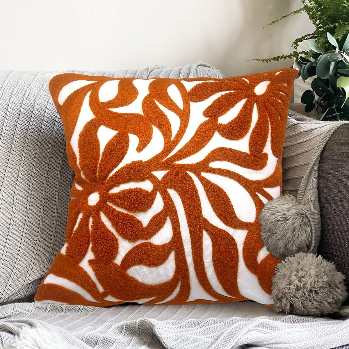 Funda de almohada con bordado floral de 18"x 18" 1 unidad, naranja quemado | Bordado decorativo de mandala, fundas de cojín de algodón con estampado geométrico, funda de almohada texturizada duradera para la sala de estar del sofá cama