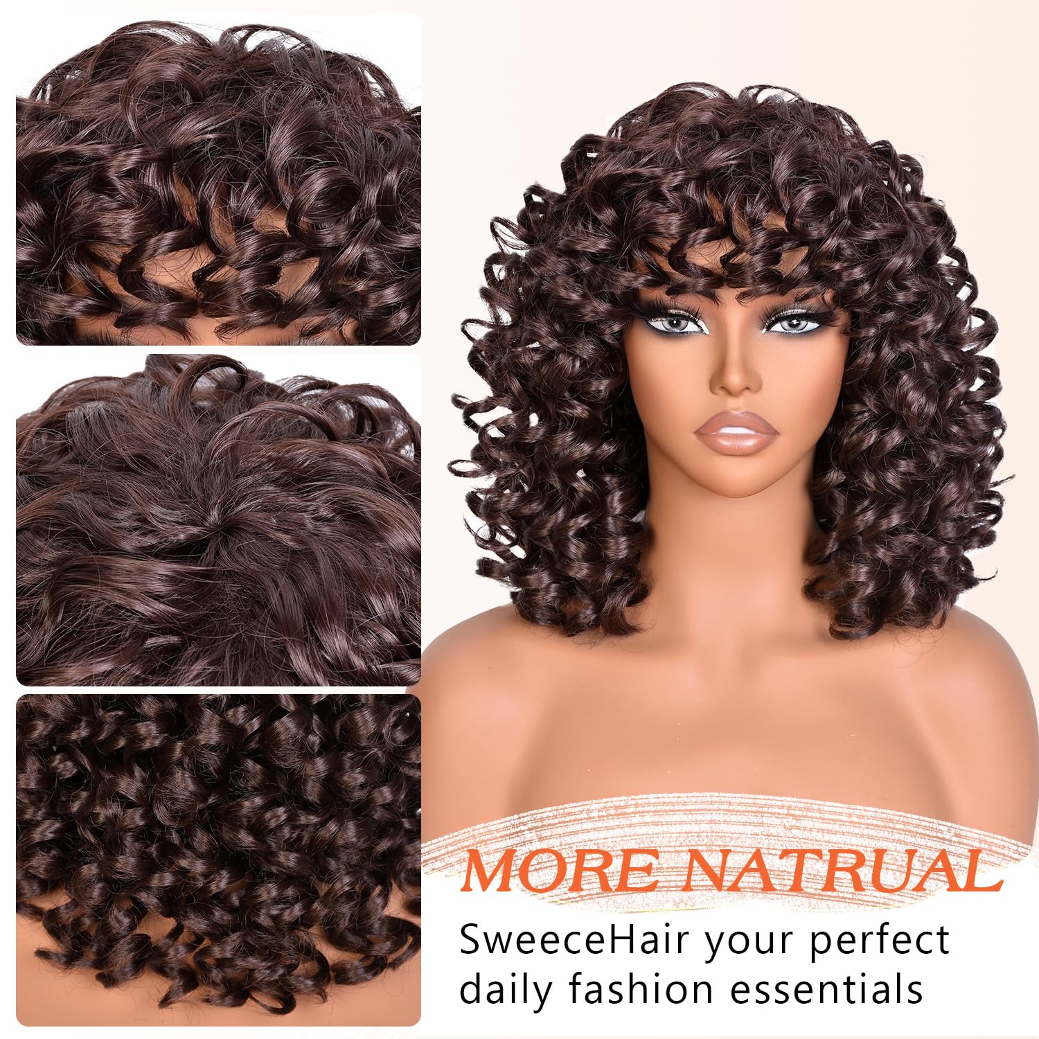 Dark Brown Curly Wigs for Black Women 14 Inch Short Afro Curly Wig with Bangs Glueless Heat Resistant Synthetic Wig for Daily and Part Use