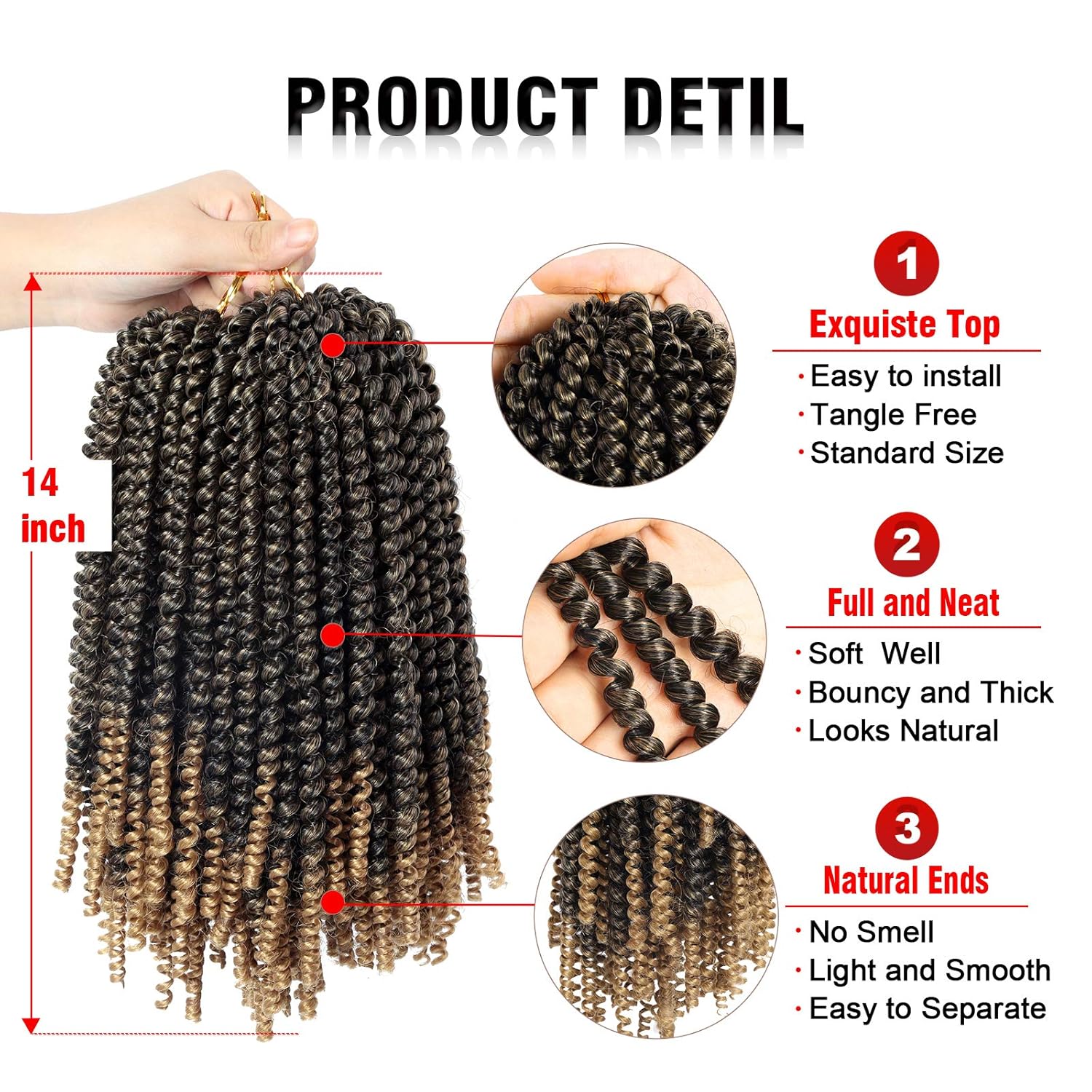 14 Inch Spring Twist Crochet Braids Hair for Butterfly Locs Bomb Twist Crochet Hair Beyond Beauty Ombre Colors Synthetic Fluffy Hair Extension 3 Packs 30 Strands 190g/Pack(14 Inch, T1B 27)