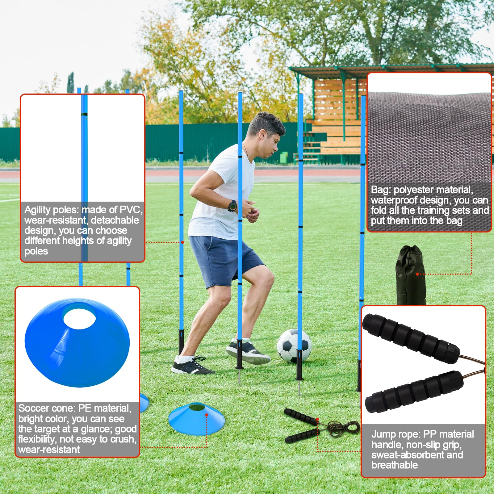 Juego de 24 piezas de equipo de entrenamiento de agilidad de fútbol, bastones de agilidad, escalera más para un montaje rápido y fácil portabilidad, adecuado para todos los niveles de