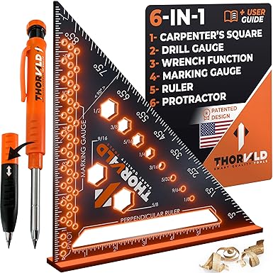 THORVALD 6-in-1 Carpenter Square 7 inch (1/16" Precision) T Square Multi-Purpose Carpenter Tools : Wrench, Square, Protractor, Ruler, Marking Gauge, Drill Gauge, Includes 2-in-1 Carpentry Pencil