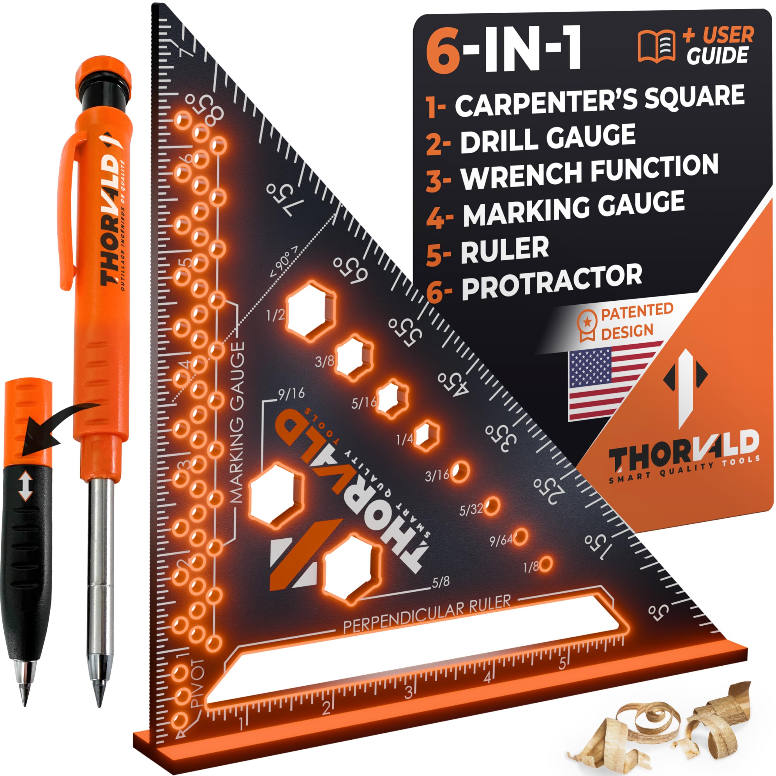 THORVALD 6-in-1 Carpenter Square 7 inch (1/16" Precision) T Square Multi-Purpose Carpenter Tools : Wrench, Square, Protractor, Ruler, Marking Gauge, Drill Gauge, Includes 2-in-1 Carpentry Pencil