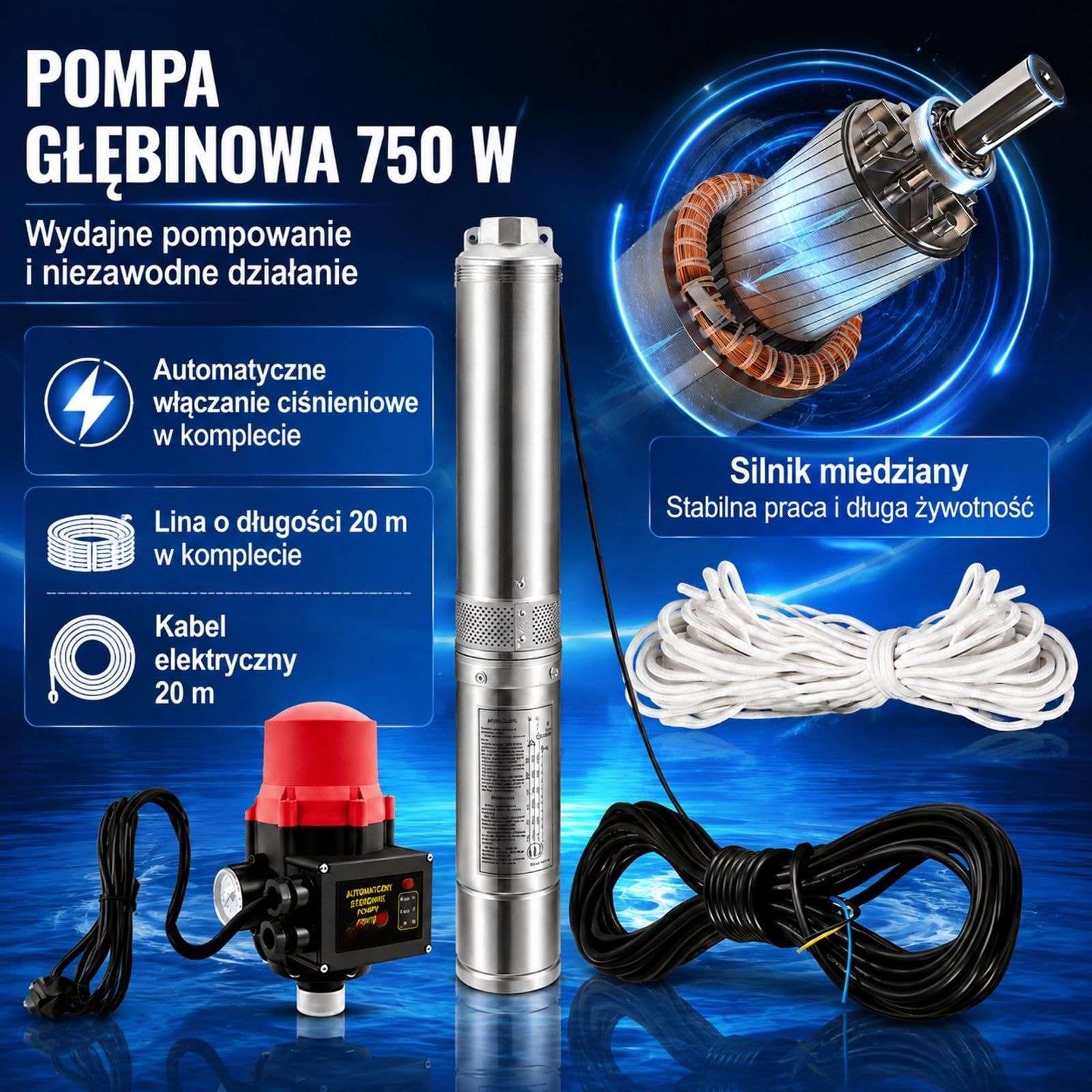 Pompa głębinowa 750 W, 105 l/min, wysokość podnoszenia 62 m, stal nierdzewna, kabel 20 m, do nawadniania i zaopatrzenia w wodę