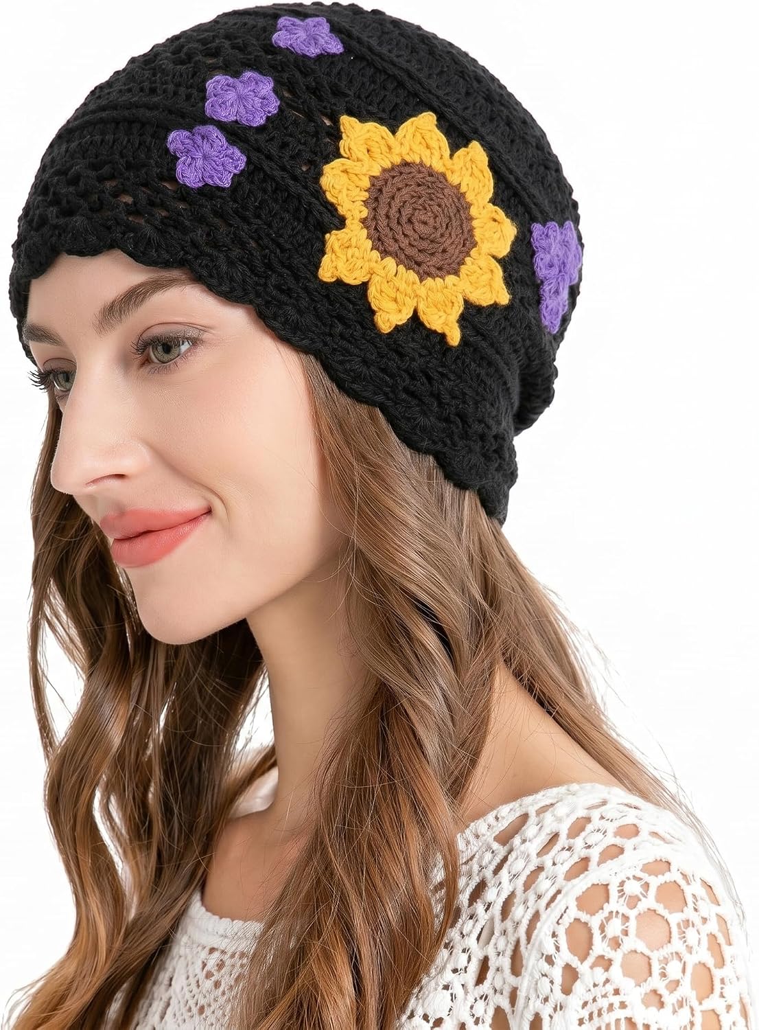 ZLYC Women Cotton Crochet Skull Cap Handmade Knit Cutout Floral Beanie Hat