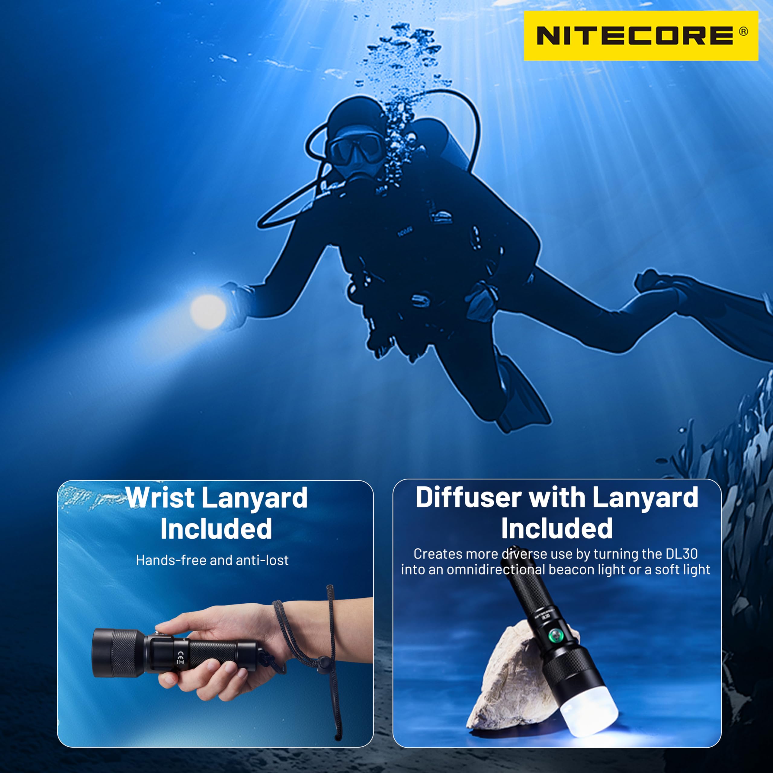 Nitecore DL30 Lampe de plongée submersible 100 mètres 1100 lumens 5300 mAh batterie IP68 étanche lampe de poche sous-marine