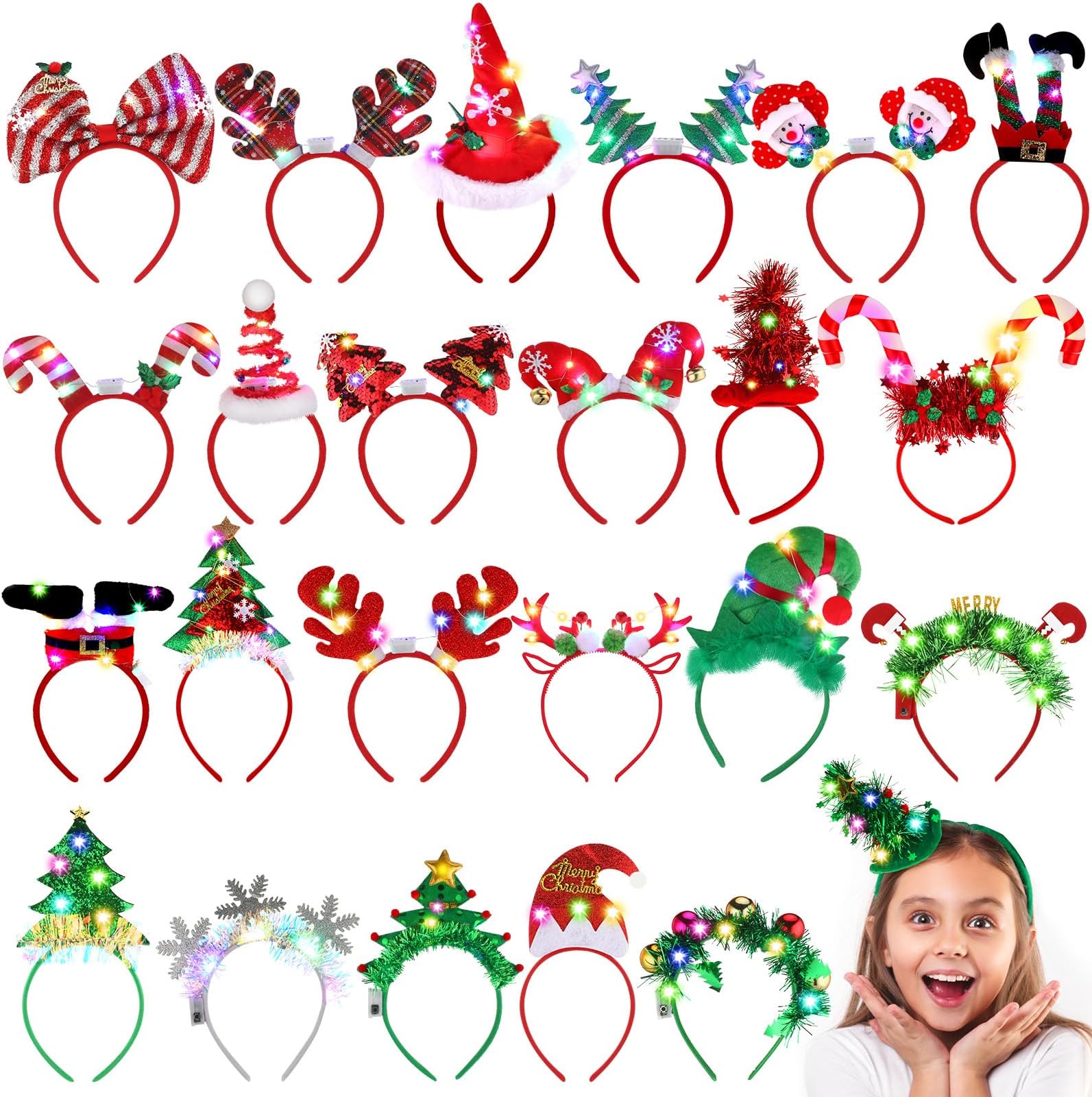 Wettarn 24 Pcs LED Christmas Headbands Christmas Light up Headband Reindeer Antlers Headband Candy Cane Santa Claus Bow Christmas Tree Headband for Xmas Party Headwear Holiday Costume Accessories