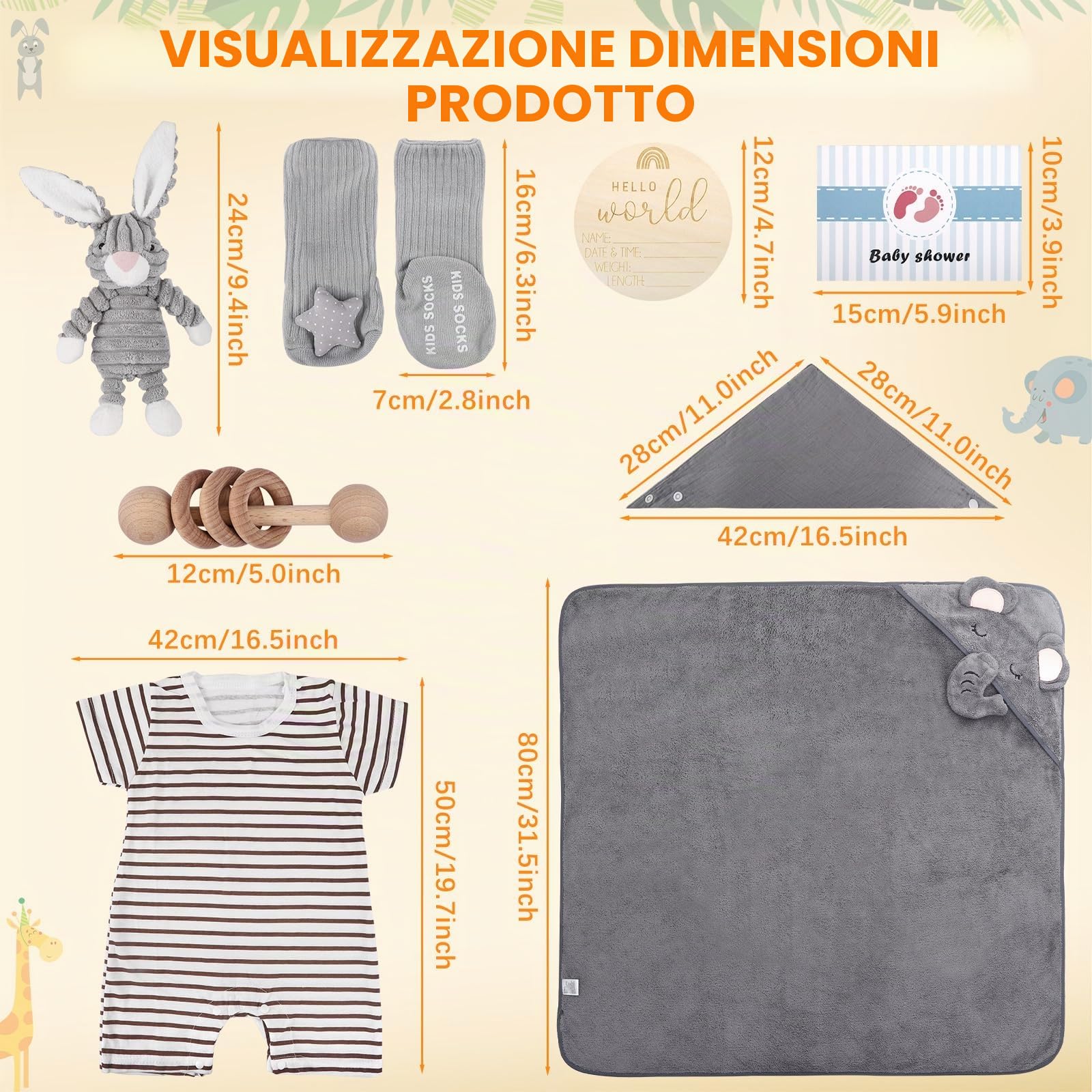 Newborn Gift Basket, Set regalo torta di pannolini per bambini - Neutro - Set neonato 9 pezzi con peluche a forma di coniglietto grigio e sonaglio in legno - Regalo di nascita in scatola