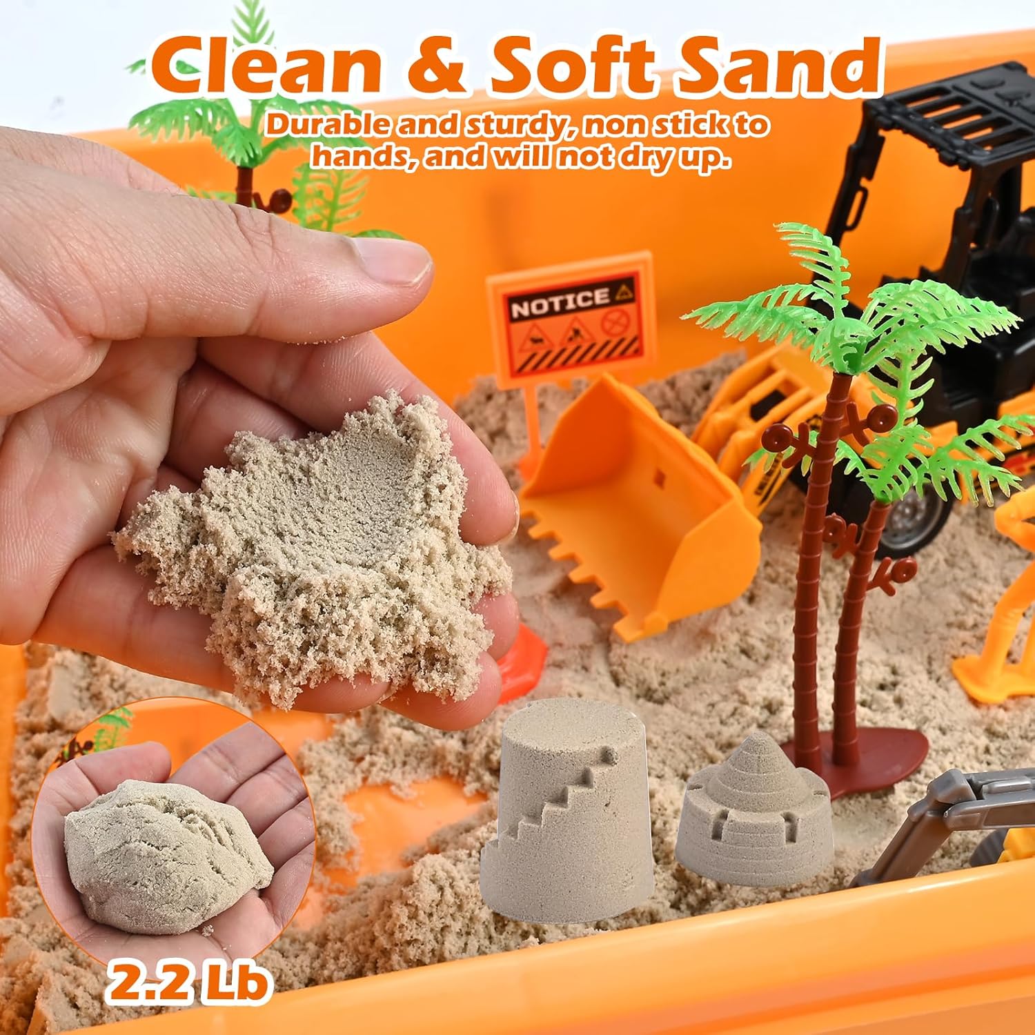 34Pcs Sand Construction Site Kit Sensory Bin Toy for Toddler with 8 Vehicles, 6 Castle Molds, 5 Road Signs, 4 Worker Figures, 2.2lbs Sand, Learning Sand Toys Birthday Gift for Kids Boys Ages 3 4 5