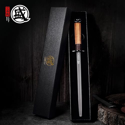 Miniatura 2 de MITSUMOTO SAKARI Varilla de afilar cuchillos japonesa de 12 pulgadas, afilador de cuchillos de cocina profesional, acero redondo japonés de alto