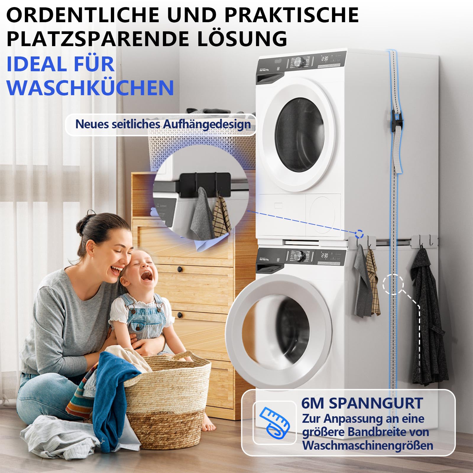 Slimline Waschtrockner-Stapelset, universeller ultradünner Rahmen für 45–68 cm Geräte, platzsparendes Design mit leichtem Aluminium-Ratschenriemen und 4 Multifunktionshaken (weiß)