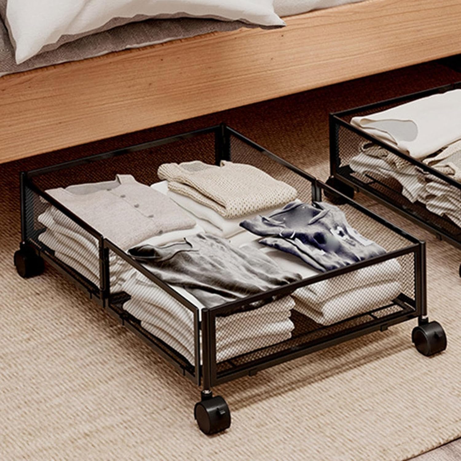 Under Bed Storage Containers,Under Bed Storage with Wheels Heavy Duty Bedroom Foldable,Underbed Storage Containers for Toys Book Bedding, Black