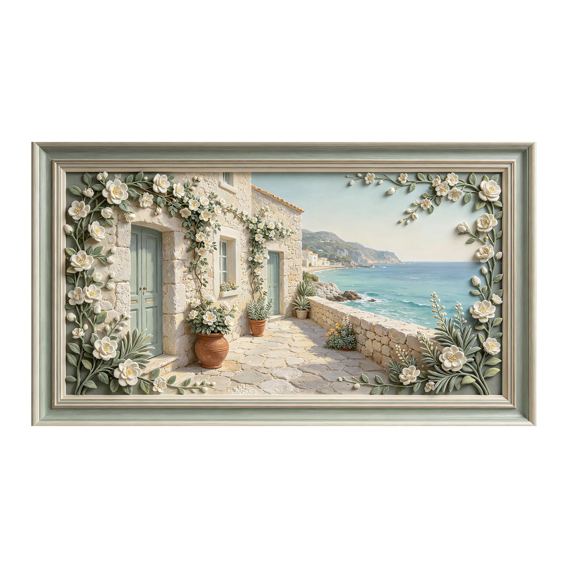 Murasolite 3D Framed Wall Art Mediterranean Coastal Village Seaside Landscape Oil Painting SelfAdhesive Fabric Mural Wall Decor,No Damage to Wall,AntiFall Safe Design for Bedroom Living Room