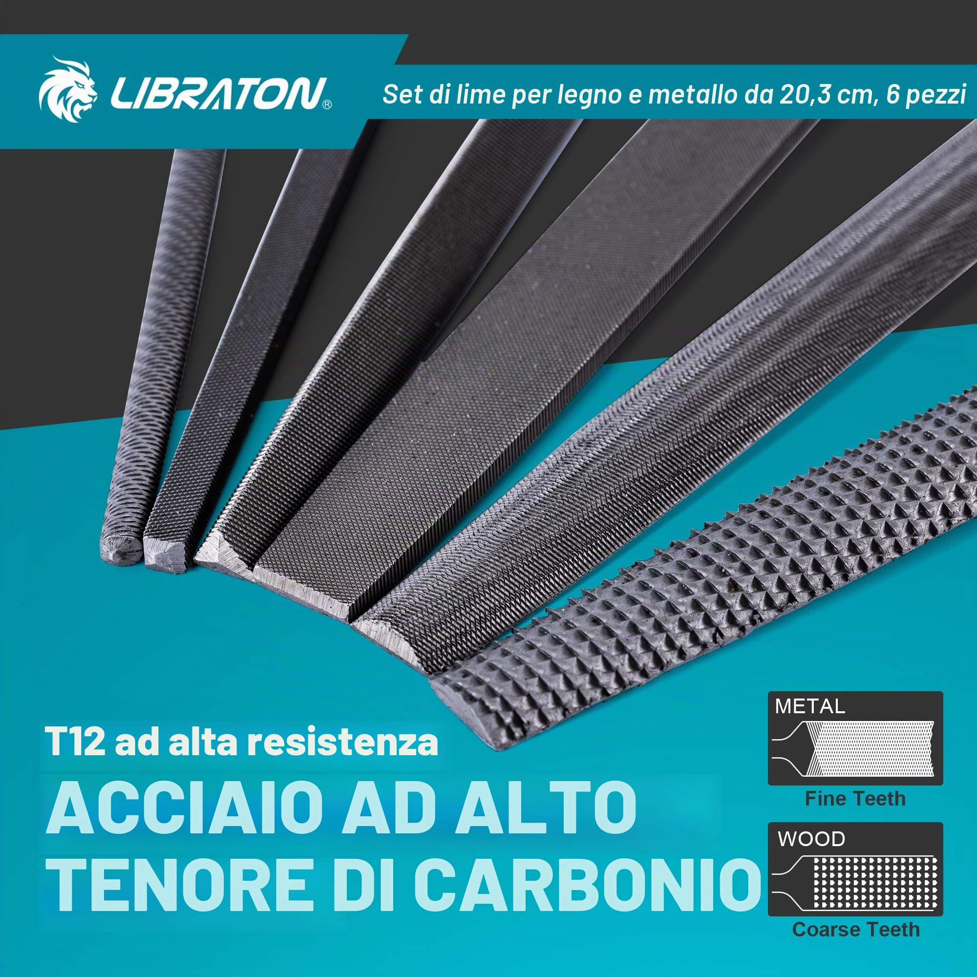 Libraton Lime per Metallo, 6 Pezzi Set di Lima Metalliche, Lime in Acciaio ad Alto Tenore di Carbonio, Strumenti per Lime con Manico in Gomma, Set di Lime Metalliche da 8 Pollici con 1 Raspa per Legno