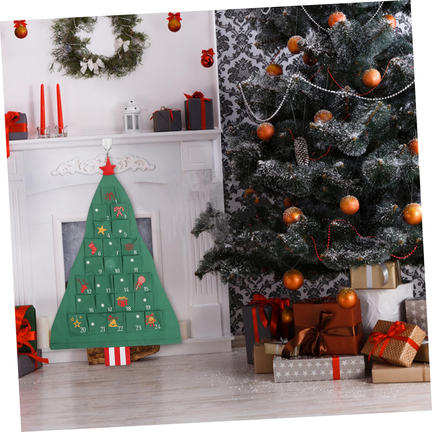 Anneome Weihnachtlicher Adventskalender Baum mit Leere Aufbewahrungstaschen Hängender Weihnachtsbaum Kalender für Wiederverwendbar Grün Tür Wanddeko Platzsparend