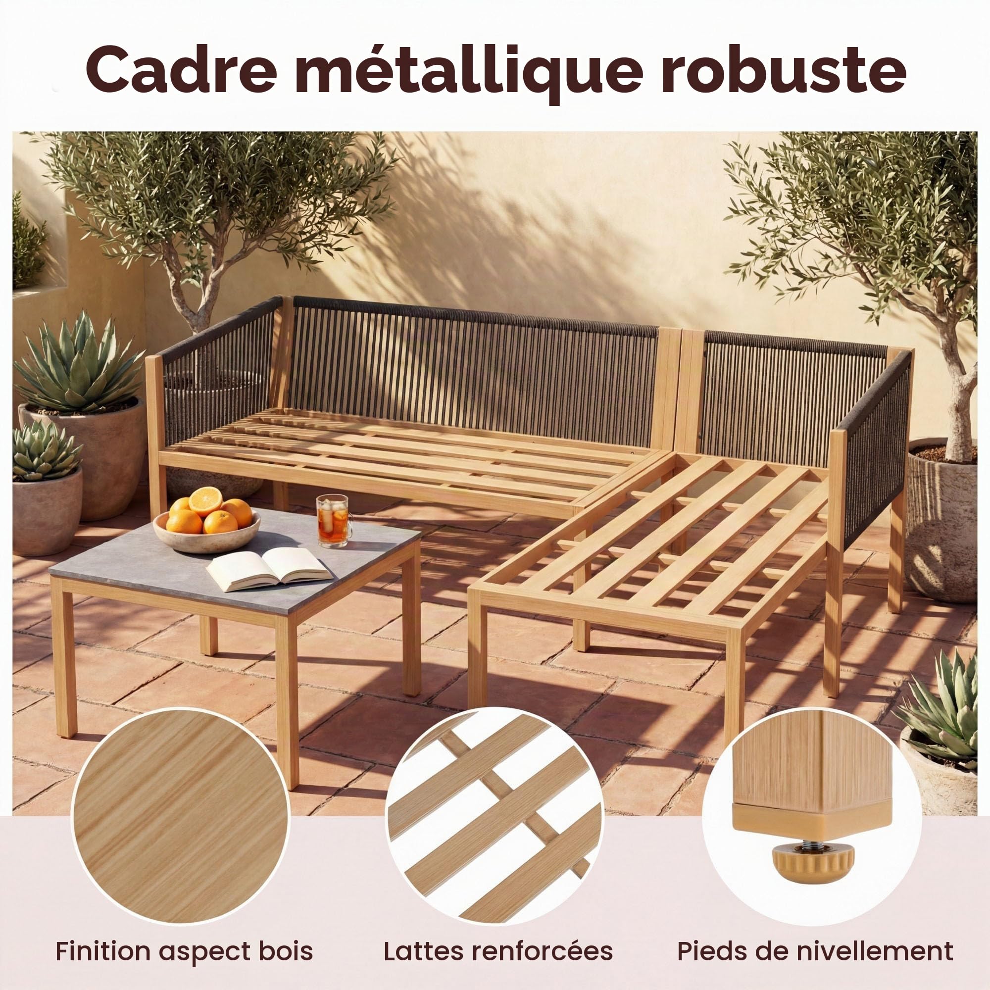 LIFEZEAL Salon de Jardin 3 Pièces Extérieur, Canapé d’Angle en L avec Table Basse Effet Marbre, Coussins et Structure en Métal, Canapé 2 Places et Méridienne pour Terrasse, Jardin, Patio (Beige)