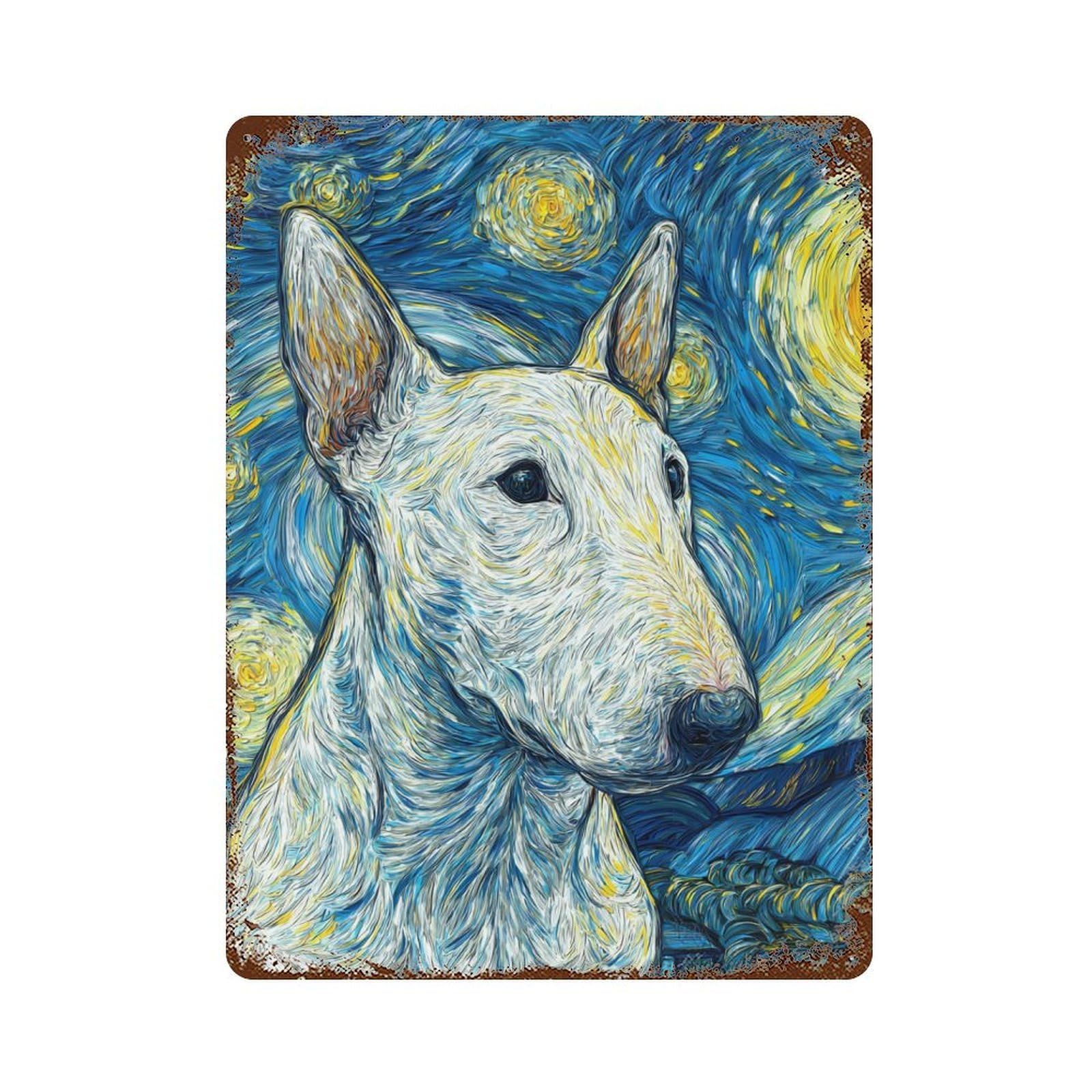 Rust Effect Starry Night Bull Terrier Art Print -2 Rustic Tin Plaque 15.7"x11.8", Classic Wall Plaque for Shed, Workshop And Garage Wall Decor