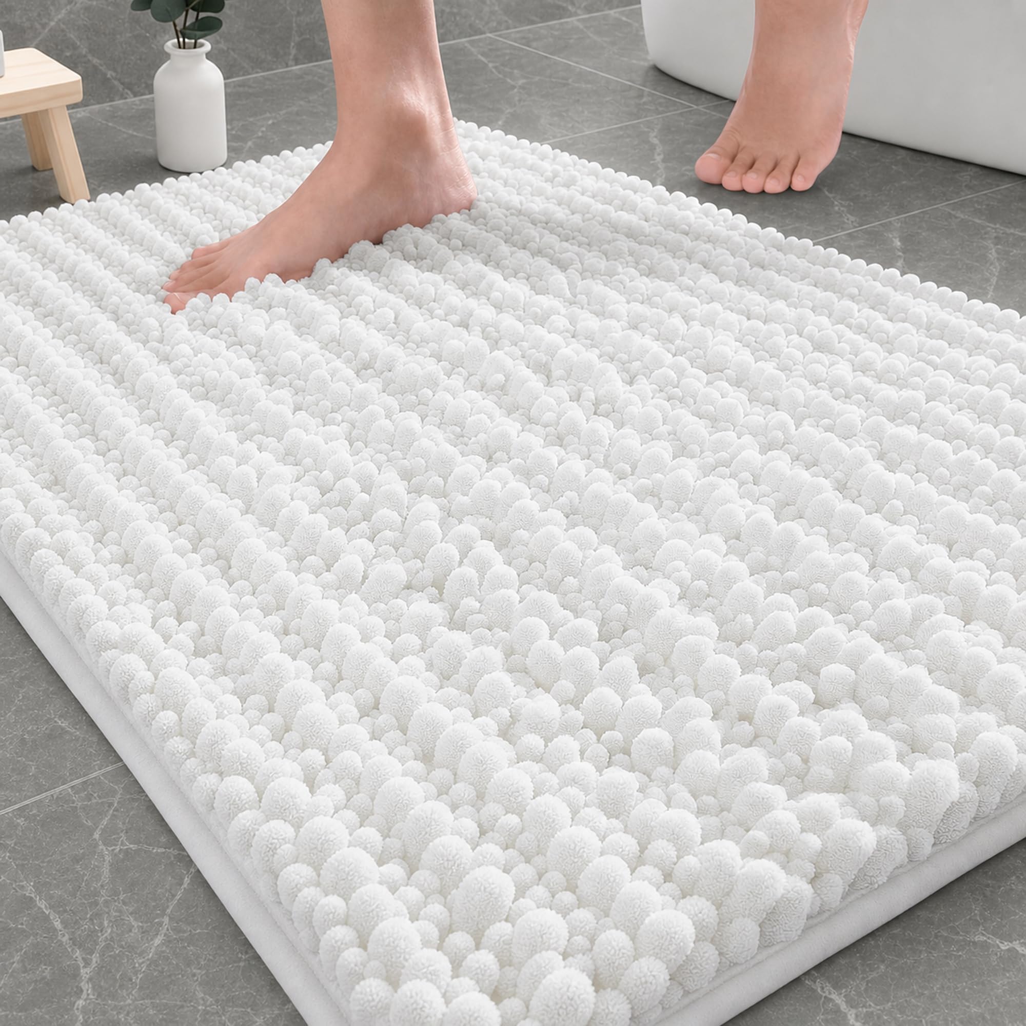 ILANGO Bathroom Rugs White 32x20,Extra Soft Absorbent Chenille Bath Rugs