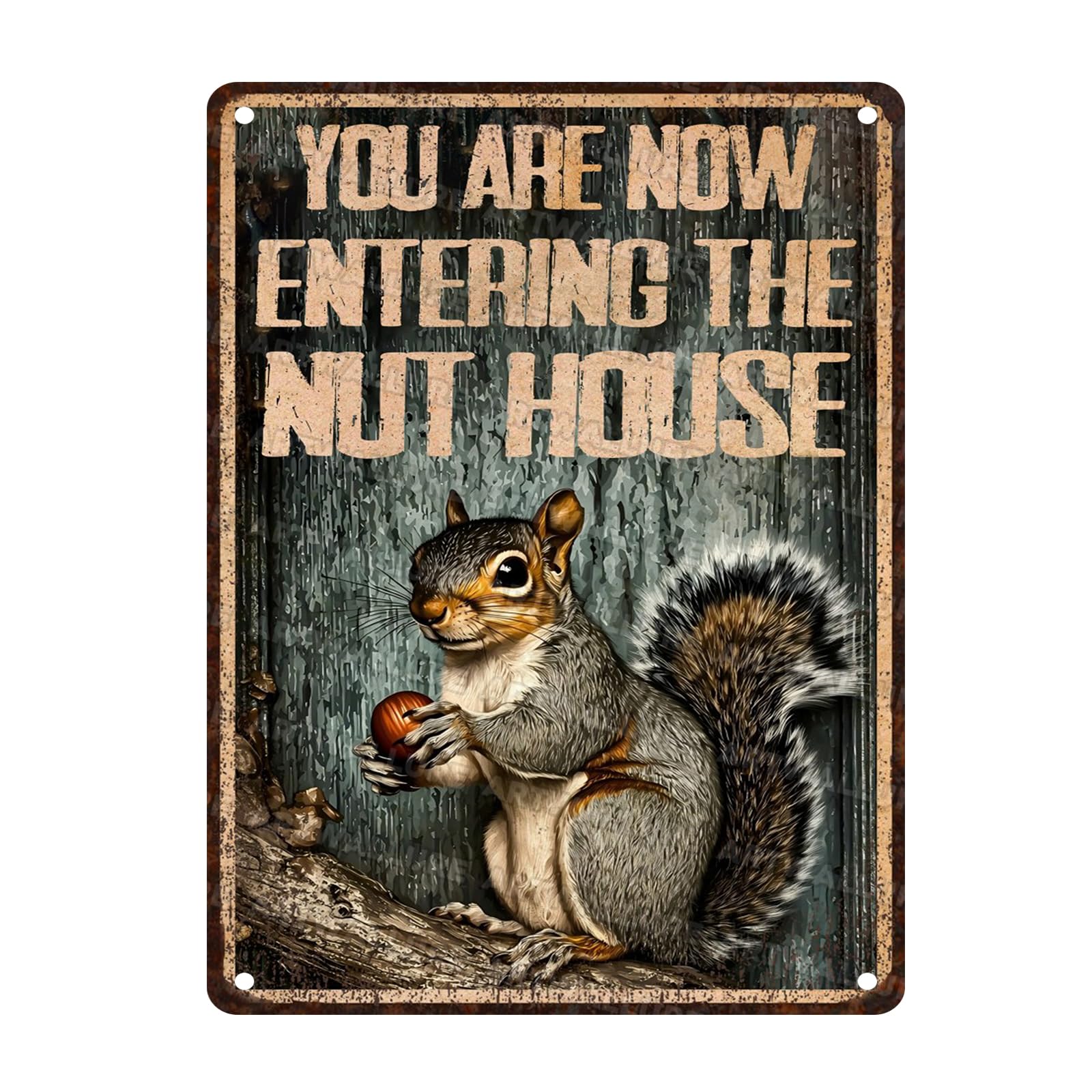 Funny Squirrels Vintage Tin Sign Welcome To The Nut House Metal Tin Sign Squirrels Wall Decor Rustic Kitchen Wall Decor for Home 12x16inch