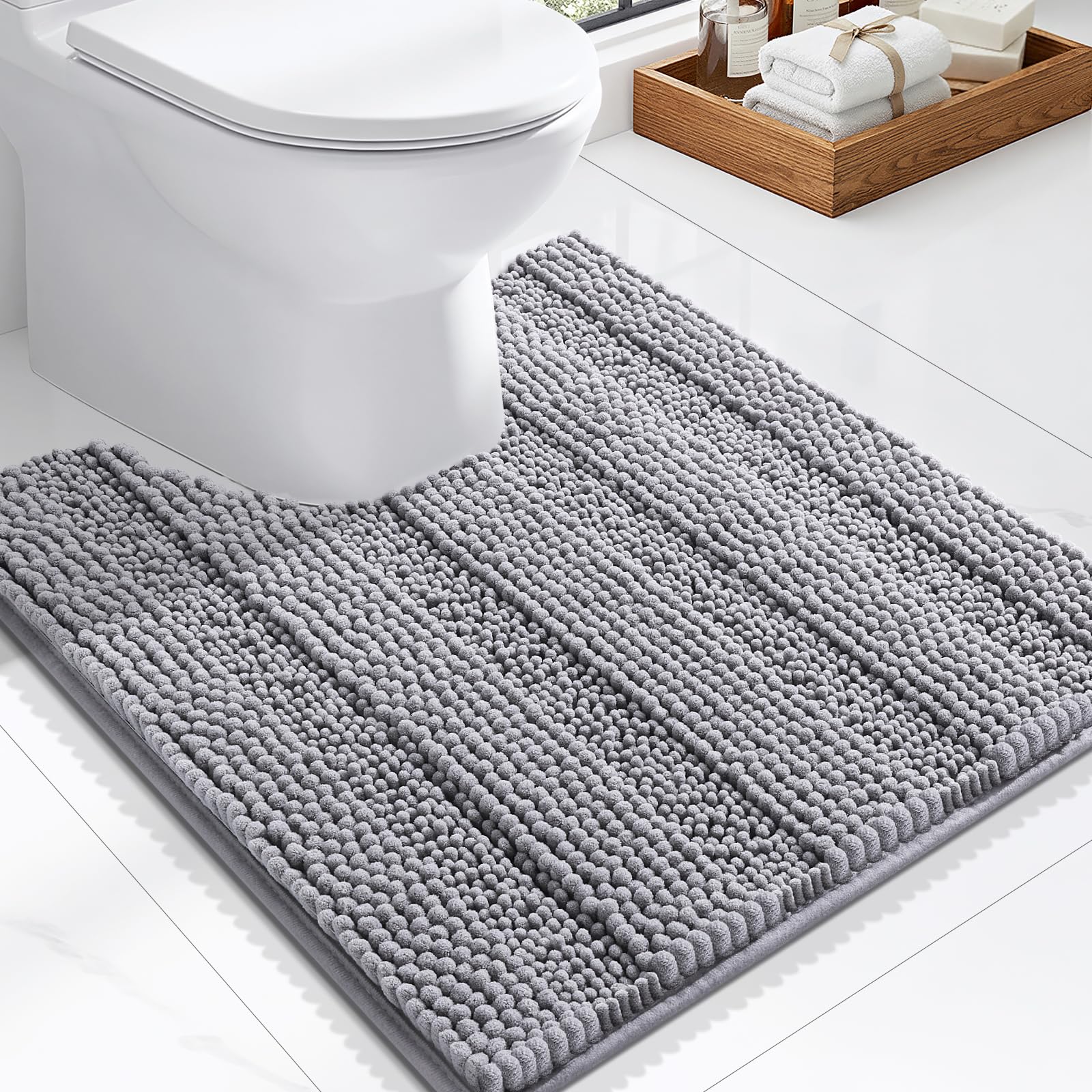 Grandaily Chenille Toilet Rugs U-Shaped 24x20, Soft Bath Mats, Grey
