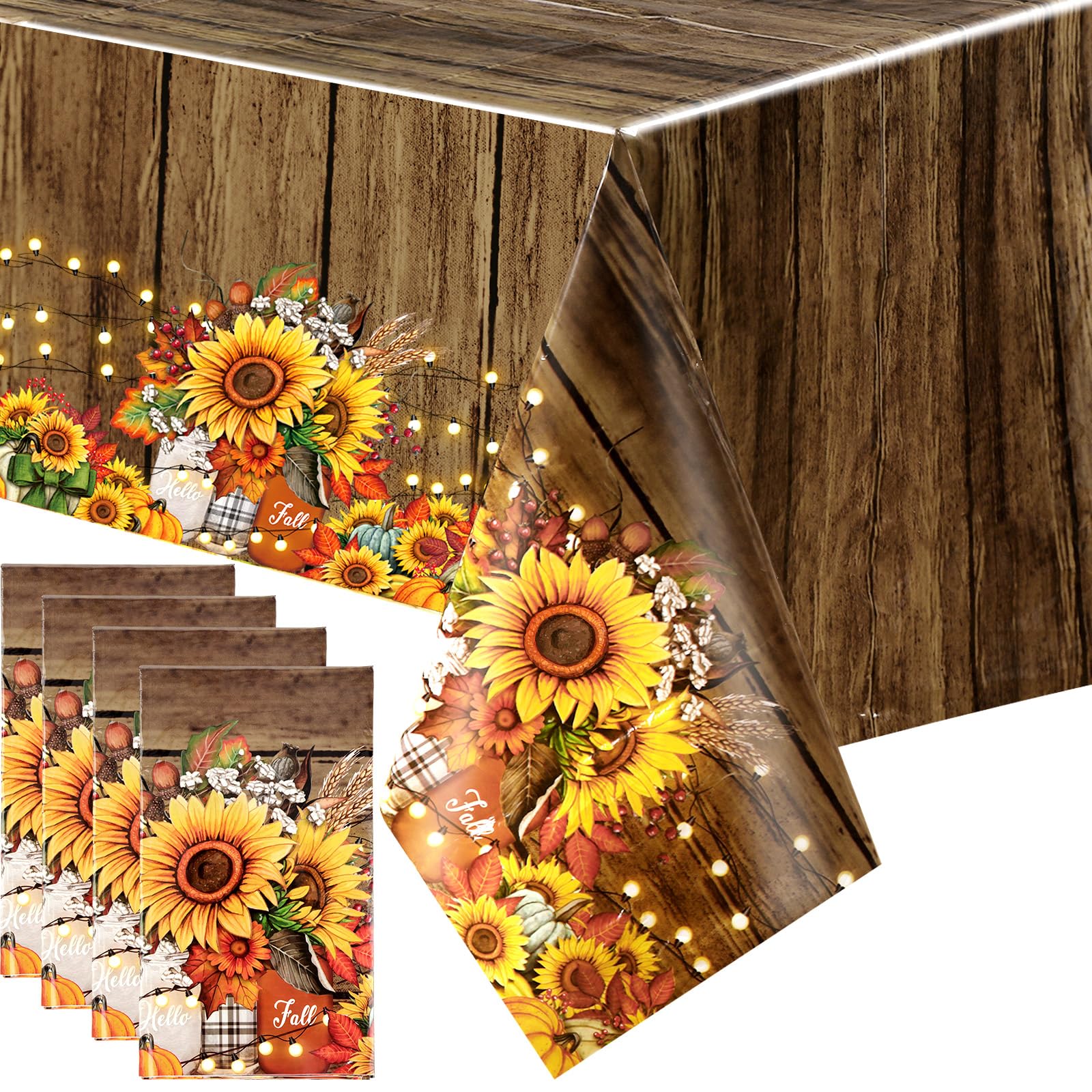 Tranqun 4 Pcs Fall Tablecloth 108 x 54 Inch Plastic Floral Tablecloth Thanksgiving Table Cloth Rectangle Sunflower Fall Table Cover Autumn Harvest Table Cloths for Kitchen Fall Thanksgiving Party