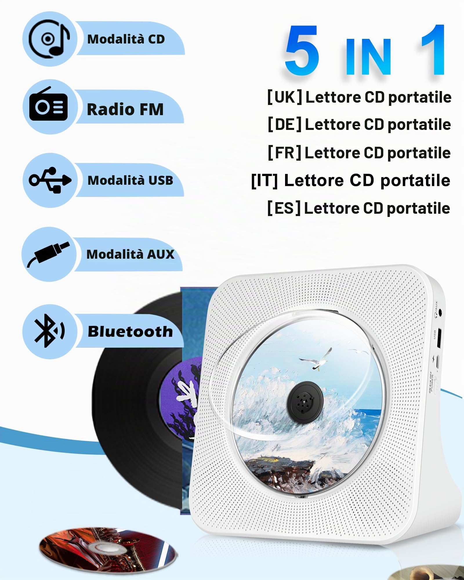 Lecteur CD rechargeable portable 4000mAh, lecteur CD stéréo avec Bluetooth | AUX, radio FM, USB, lecteur CD de bureau avec télécommande, couvercle poussière, écran LED