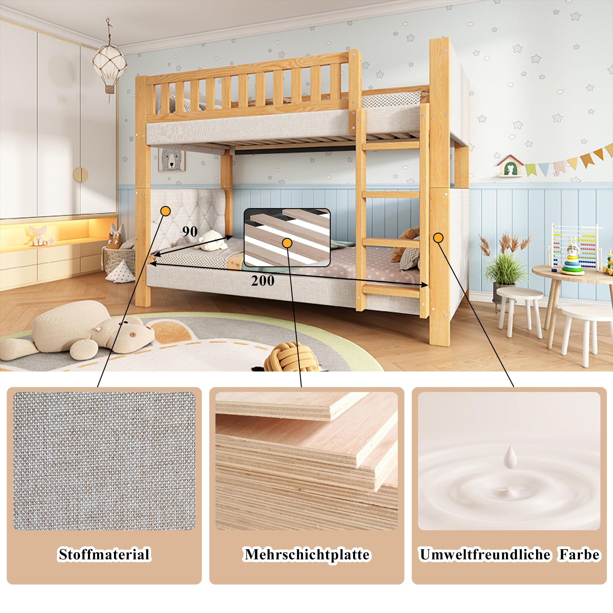 Etagenbett 90x200cm, Kinderbett mit Weiche Antikollisions-Schwammkante und Vierstufige Gerade Treppe, Stabile Lattenroste, Kautschukholz+MDF, Grau+Natur,Ohne Matratze