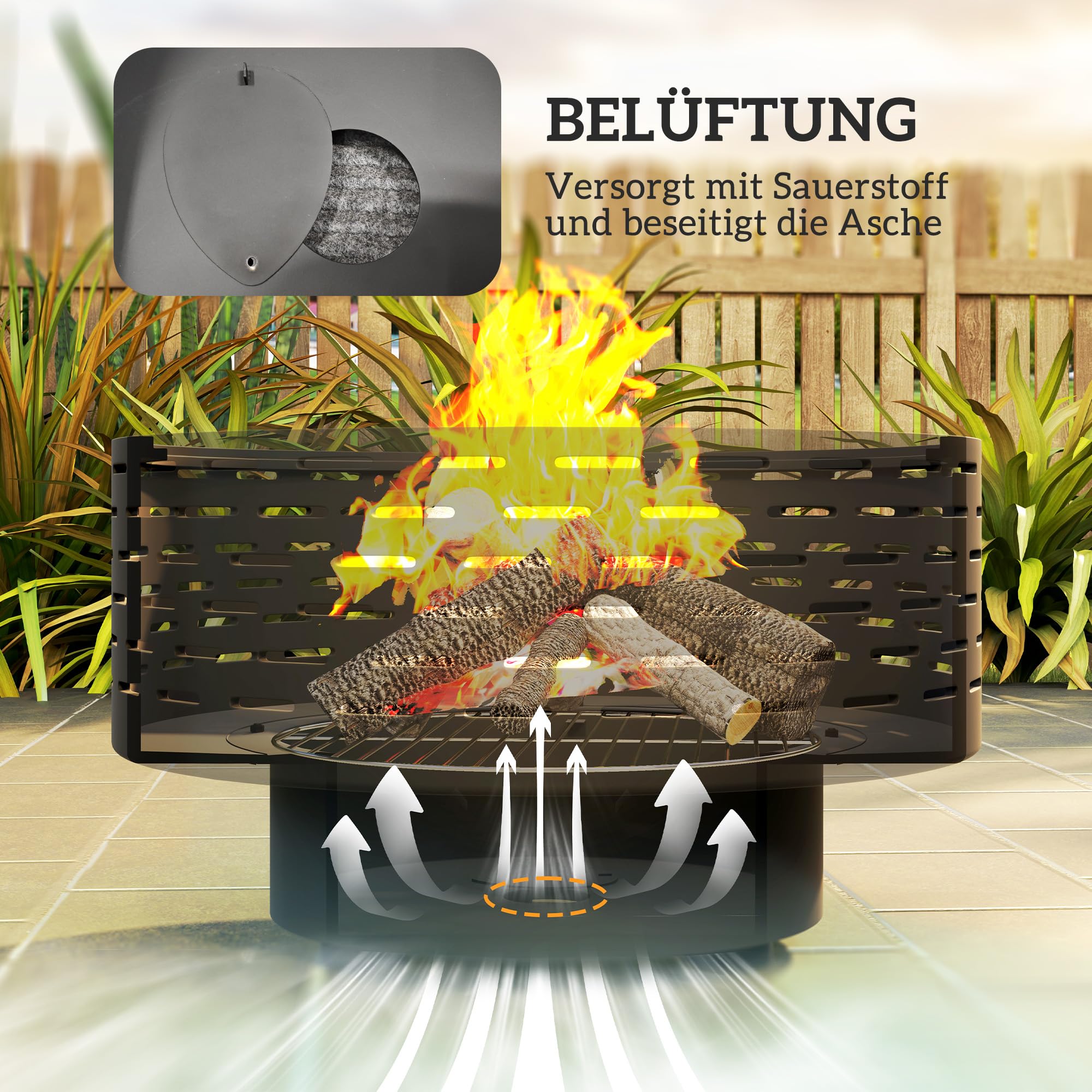 Outsunny 3-in-1 Feuerschale mit Edelstahl-Grillrost Ø60x39cm Kohlegrau | Feuerstelle, Schürhaken, Funkenschutz, in Holzoptik, Feuerschalen Feuerkorb, für Garten, Balkon Terrasse