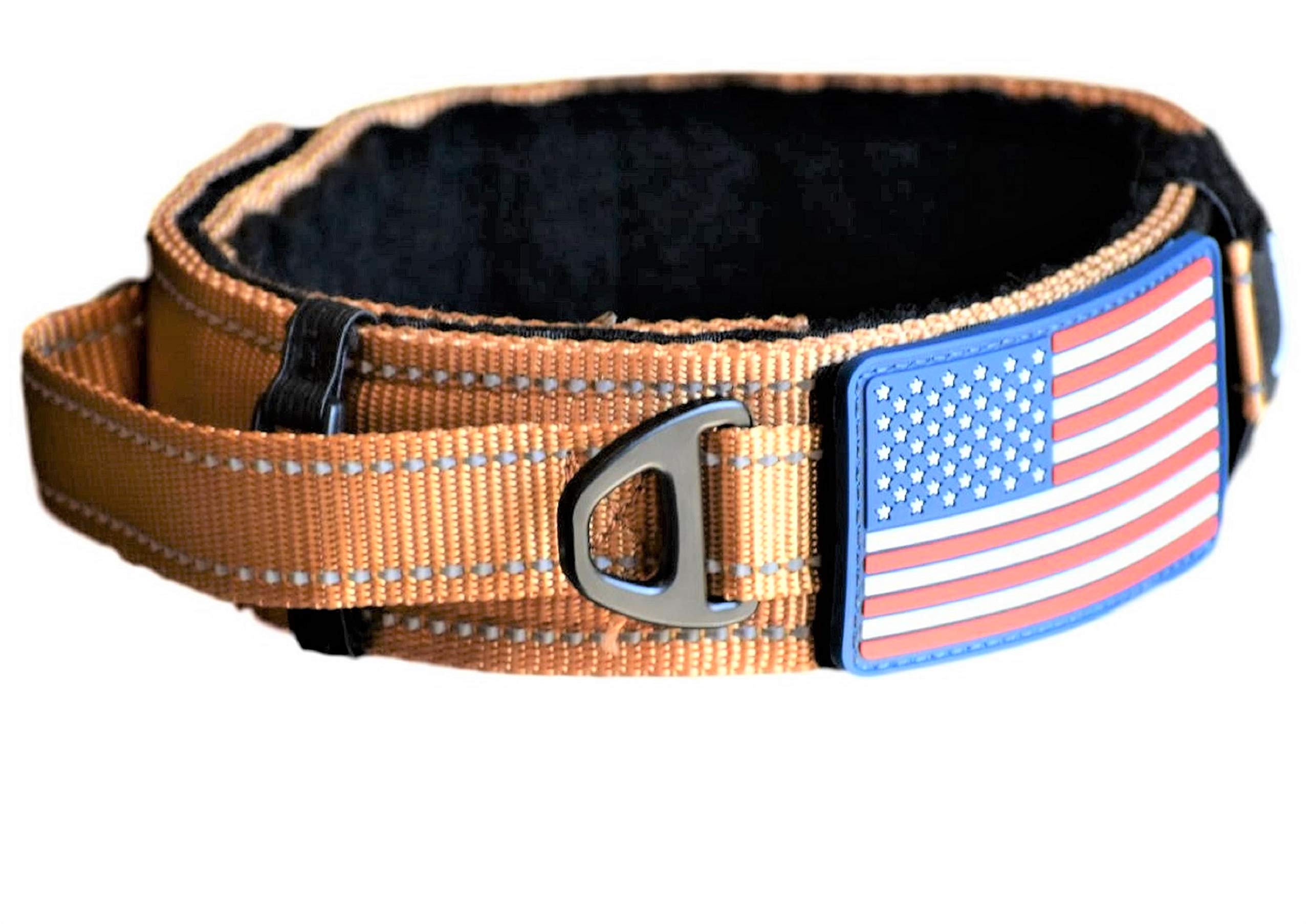 DEZIZEUSK9Dog Collar with Control Handle Quick Release Metal Buckle Heavy Duty Military Style 2" Width Nylon with USA Flag for Handling and Training Large Canine Male Or Female K9