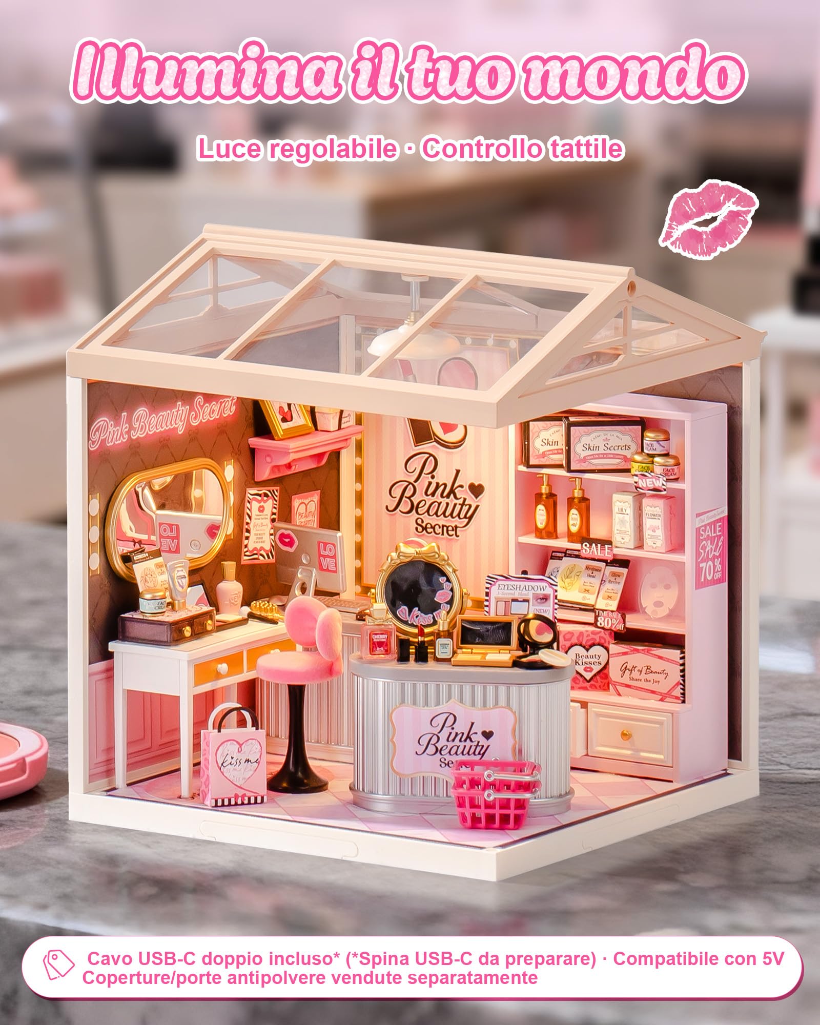 Rolife Super Creator Pink Beauty Store, Kit Fai da Te in Miniatura per Casa delle Bambole con Luce, Kit di Mobili per Casa delle Bambole in Plastica Senza Colla, Kit di Costruzione in Miniatura per