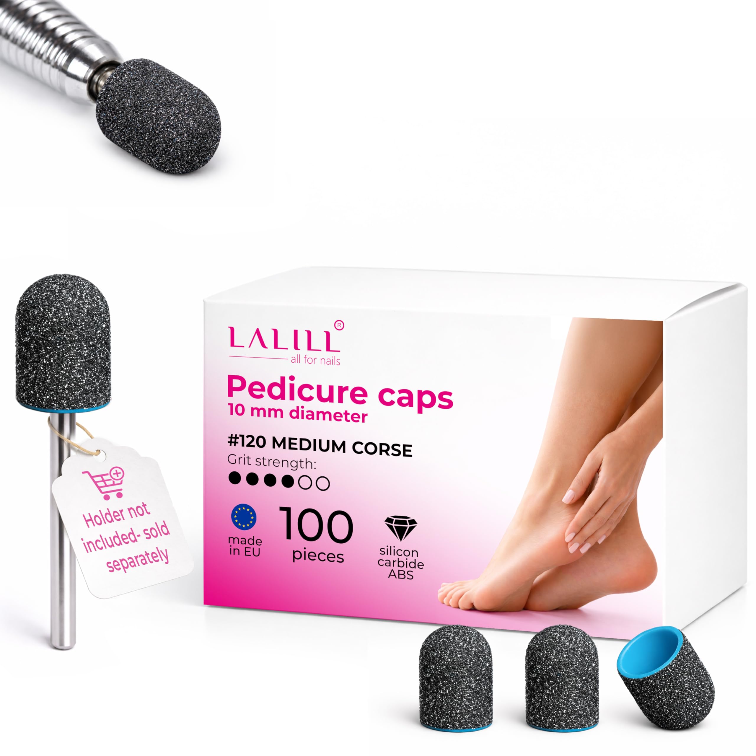 LALILL Sanding Caps LUX Pack of 100 - Graphite Milling Caps for Nail Cutters - Manicure, Pedicure & Podiatry - Attachments for Foot Care, Callus Removal, Nail Modeling, 10 mm 120 Grit