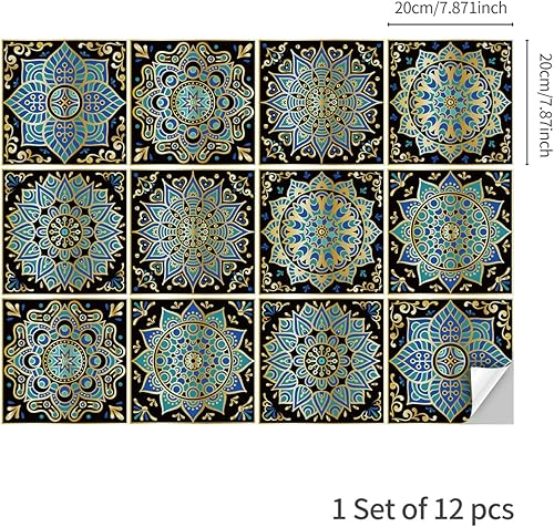 Vista 3 de Lukery Azulejo de despegar y pegar, impermeable, para cocina, mandala, azulejos autoadhesivos, azulejos de PVC, azulejos de pared, azulejos