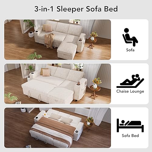 Miniatura 8 de Vipbear Sofá cama cama, sofá extraíble de 82 pulgadas con respaldo reclinablediván de almacenamiento reversible, sofá en forma de L 3 en 1 con