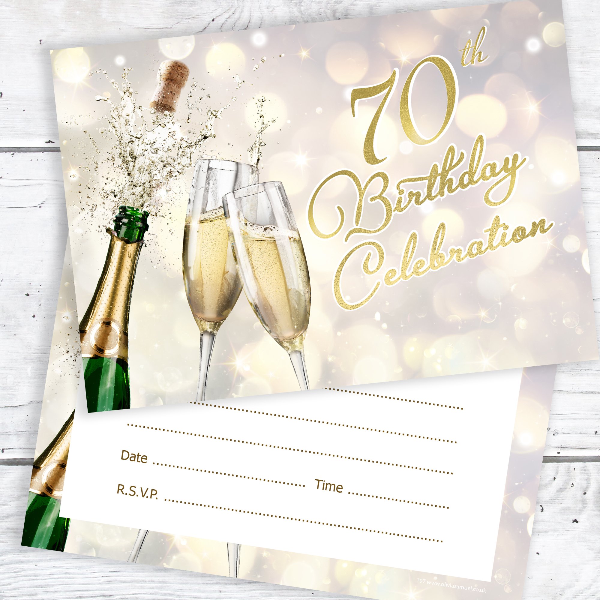 Olivia Samuel - Cartones de invitación para 70 cumpleaños, diseño de champán, listo para escribir con sobres