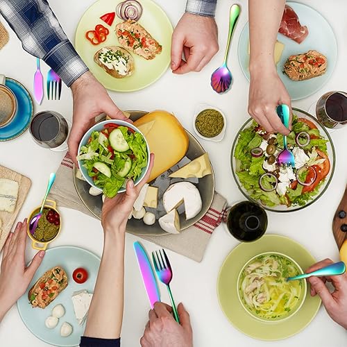 Miniatura 5 de Utensilios de servir arcoíris, 17 piezas de utensilios de acero inoxidable con cuchara de servir, cucharas ranuradas, tenedores, cucharón de sopa,