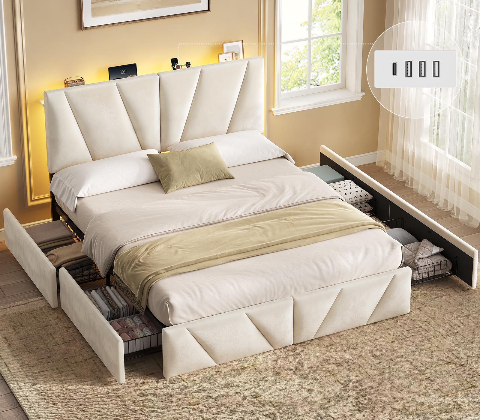 KIMENICH Bett 140x200, Samt Bett mit 4 Schubladen, Doppelbettgestell mit Steckdose & LED-Lichtband, 3-stufig höhenverstellbares Kopfteil, Schlafzimmer Stauraumbett, Beige Samt