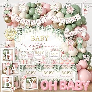 Floral Baby In Bloom Baby Shower Decorations,283pcs Spring Baby Shower Decorations Plates and Napkins Cups Banner Backdrop Tablecloth Cake Topper Balloon for Wildflower Baby In Bloom Shower Supplies