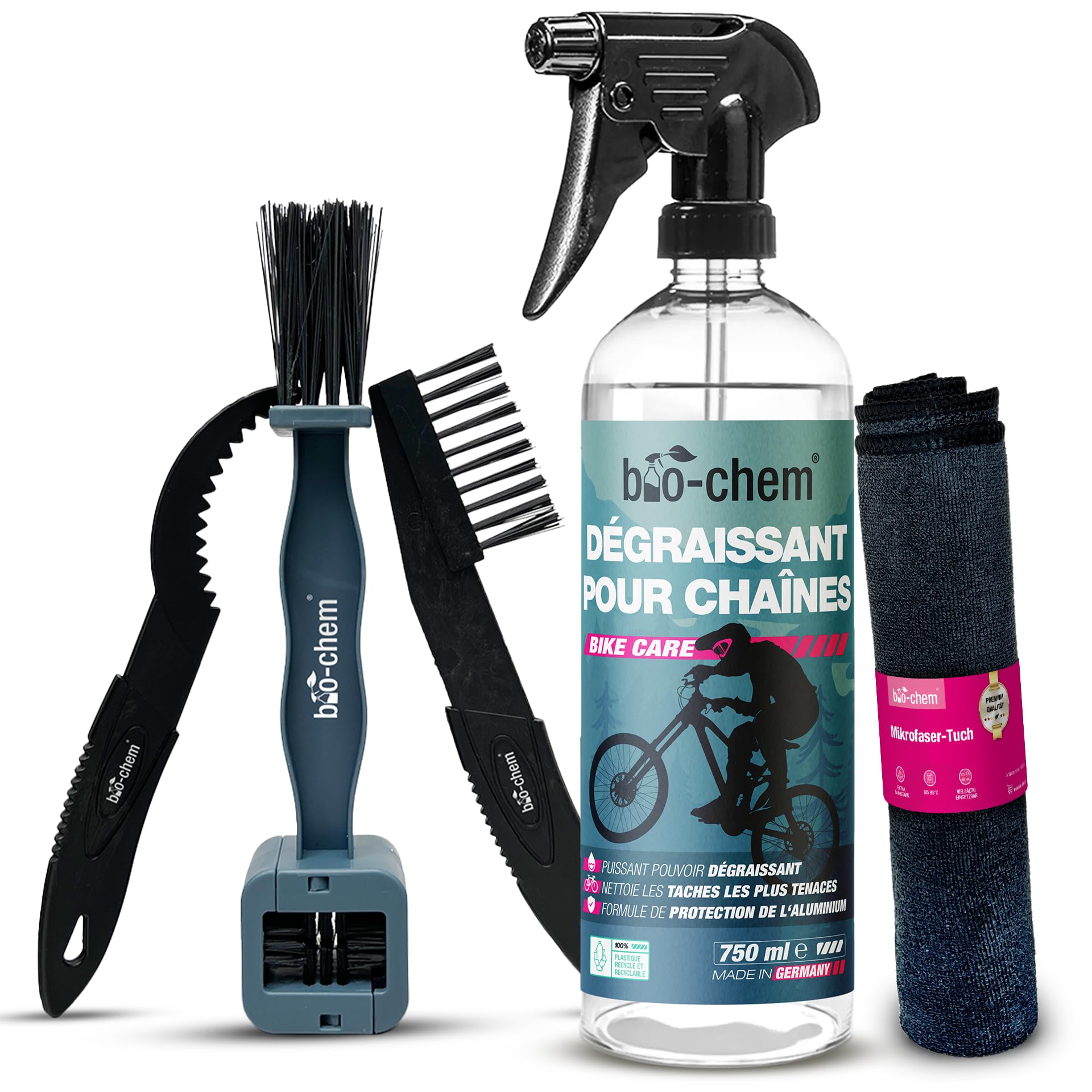 bio-chem Nettoyant pour chaine de vélo 0,75L + brosses + chiffon | Degraissant chaines velos de route, vtt - Produit écologique de nettoyage transmission bicyclette, velo route