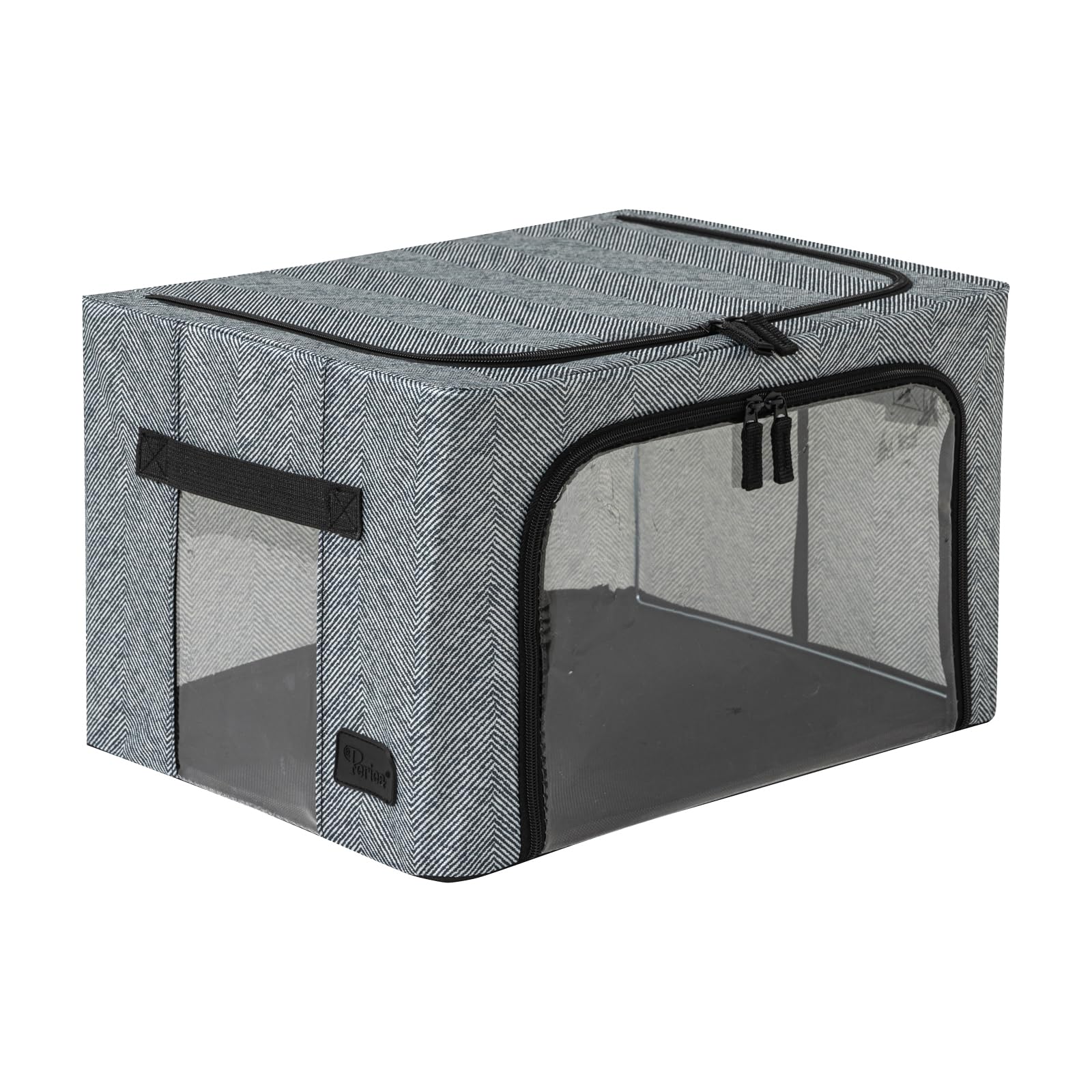 Periea ‘Beau’ Folding Collapsible Stackable Fabric Home Storage Boxes with Steel Frames (Herringbone, Small)