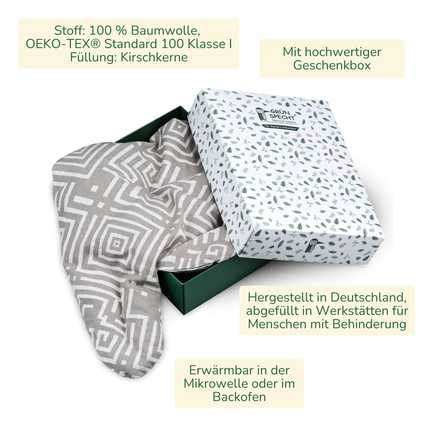 GRÜNSPECHT Kirschkern-Nackenkissen mit Kragen 35x48 cm, Wärmekissen aus Baumwolle, Geschenkbox, für Mikrowelle & Backofen, bei Verspannungen/Beschwerden im Nacken/oberen Rücken (383-V1)