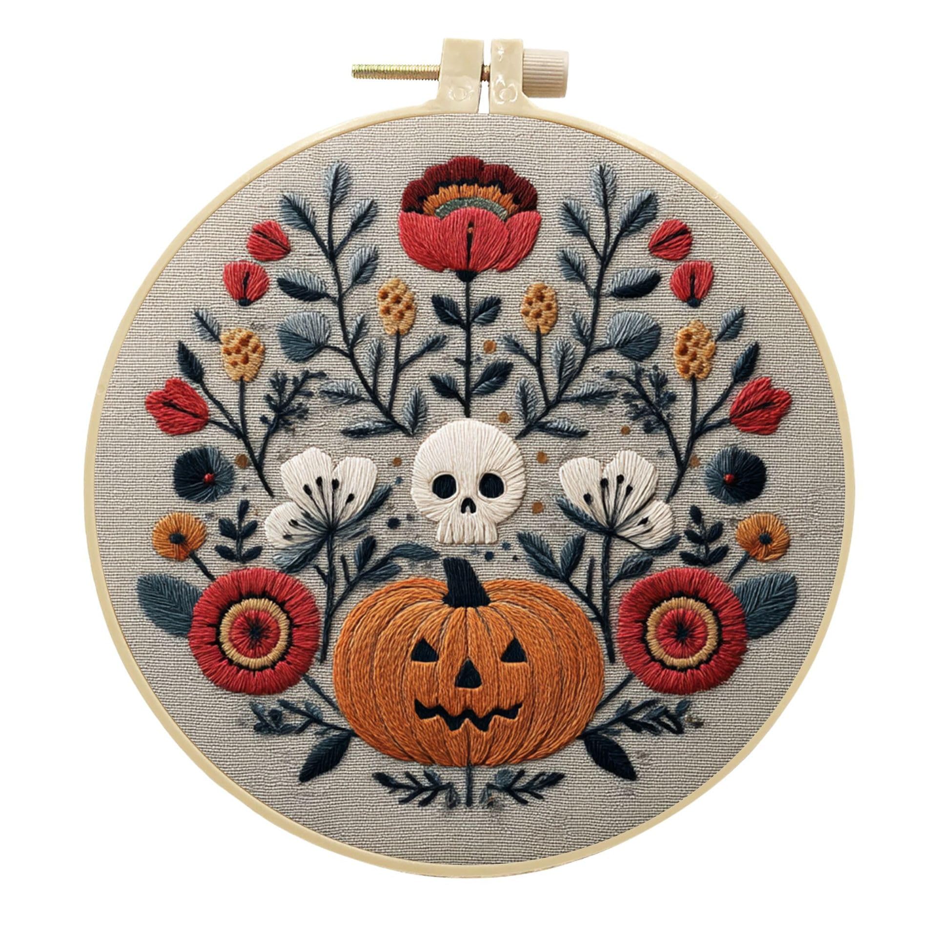 artcici Embroidery Kits Halloween Skull Pumpkin Flower Patterns for Intermediate Adults, Full Range Next-Level Cross Stitch Needlework Supplies (Mixed)