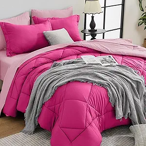 HEVUMYI Hot Pink & Baby Pink Queen Comforter Set - 7-Piece All Season Bed in a Bag Queen, Ultra Soft Bedding Set with Comforter, Flat Sheet, Fitted Sheet, Pillowcases, Pillow Shams